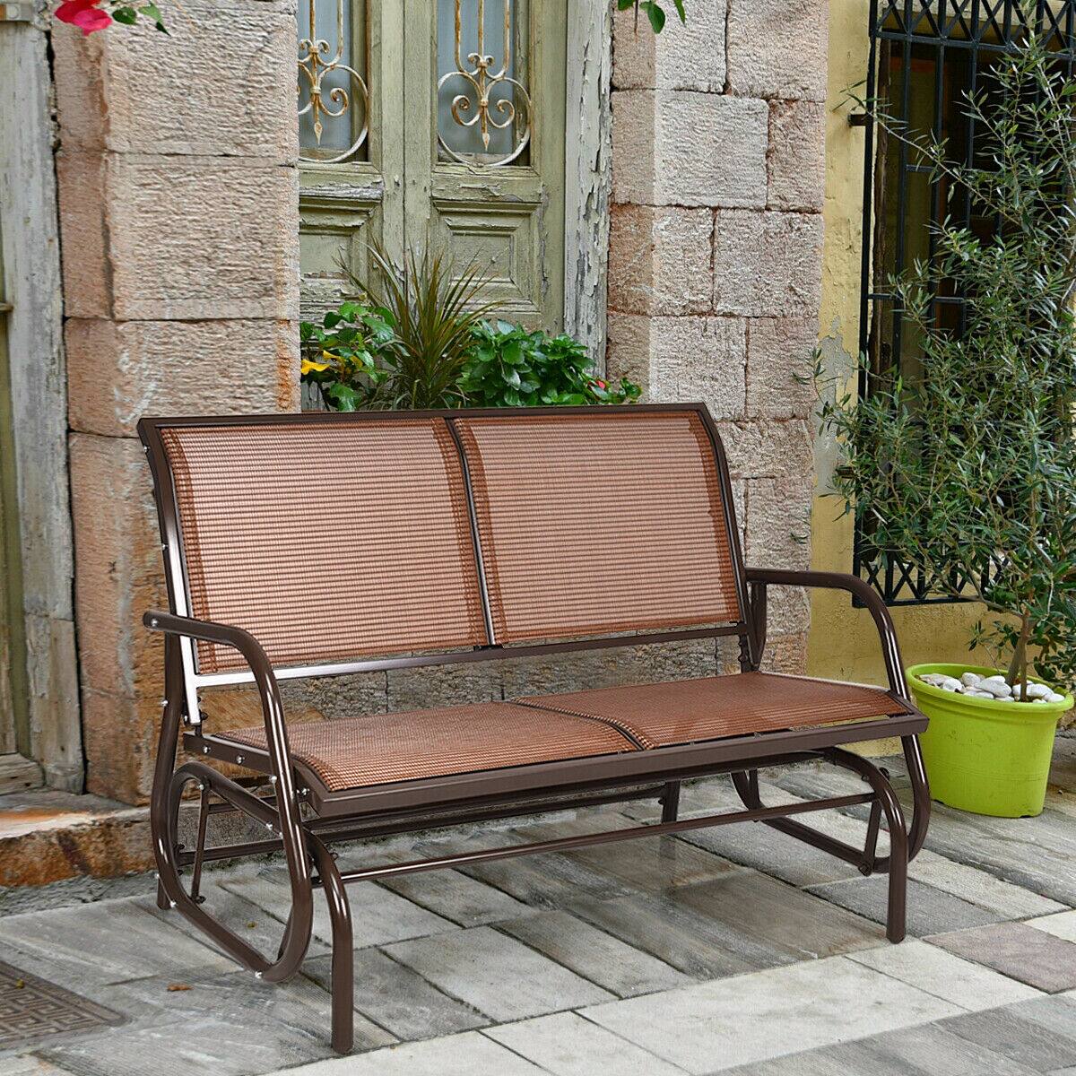 Front. Gymax - Gymax 48'' Outdoor Patio Swing Glider Bench Chair Loveseat Rocker Lounge Backyard Brown - Brown.