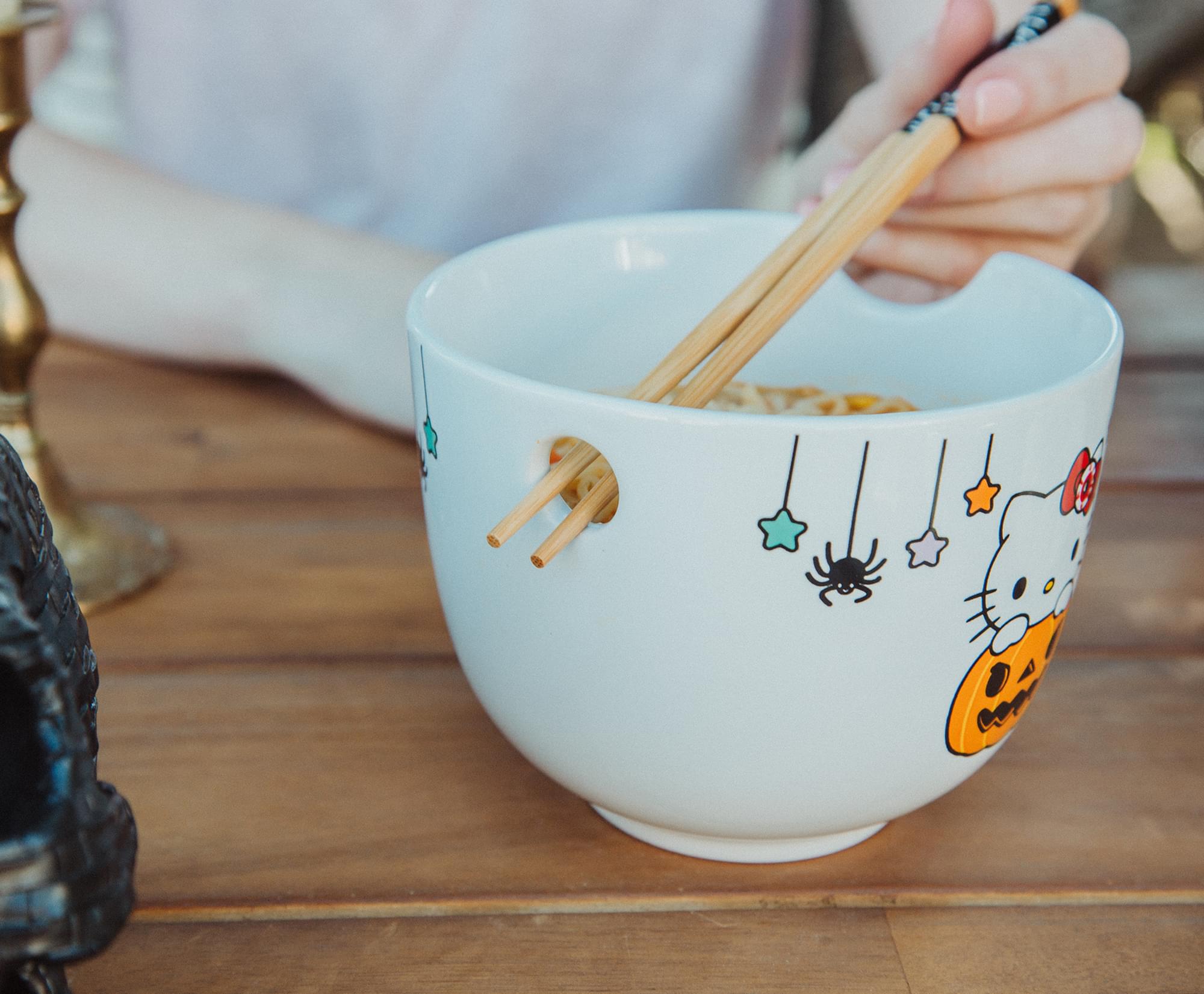 Alt View 5. Silver Buffalo - Sanrio Hello Kitty Pumpkin Boo 20-Ounce Ceramic Ramen Bowl and Chopstick Set - White.