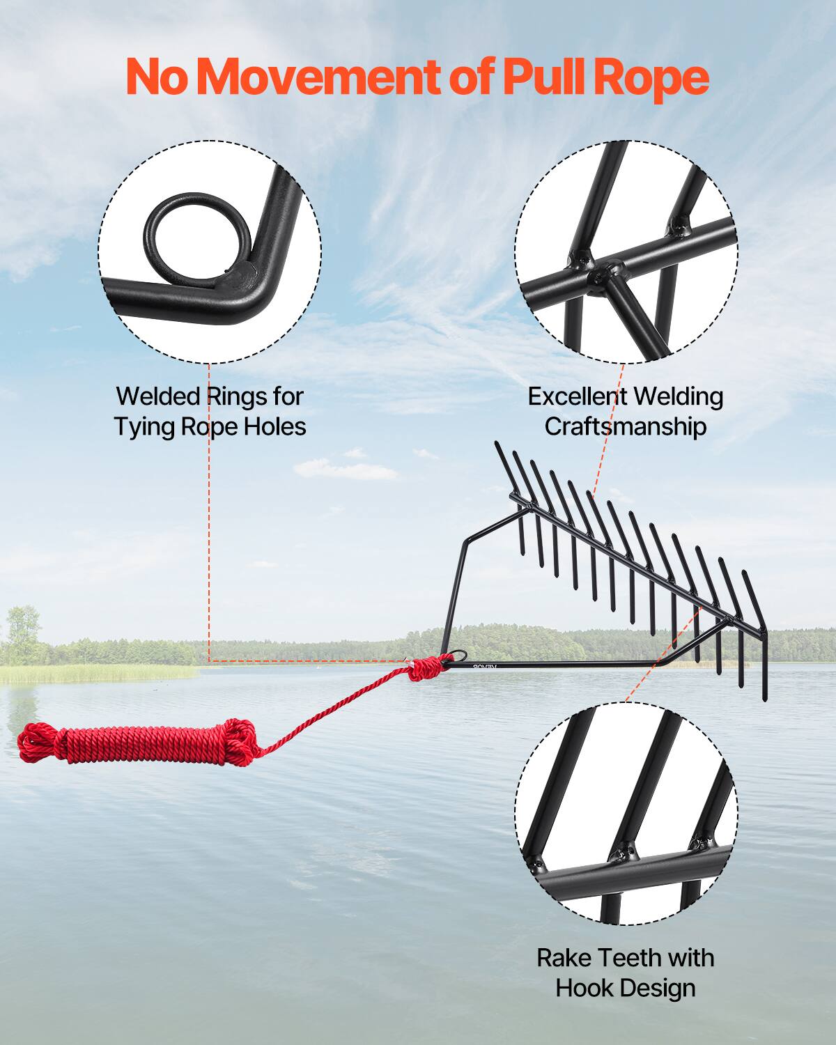 No Movement of Pull Rope

- Welded Rings for Tying Rope Holes
- Excellent Welding Craftsmanship
- Rake Teeth with Hook Design