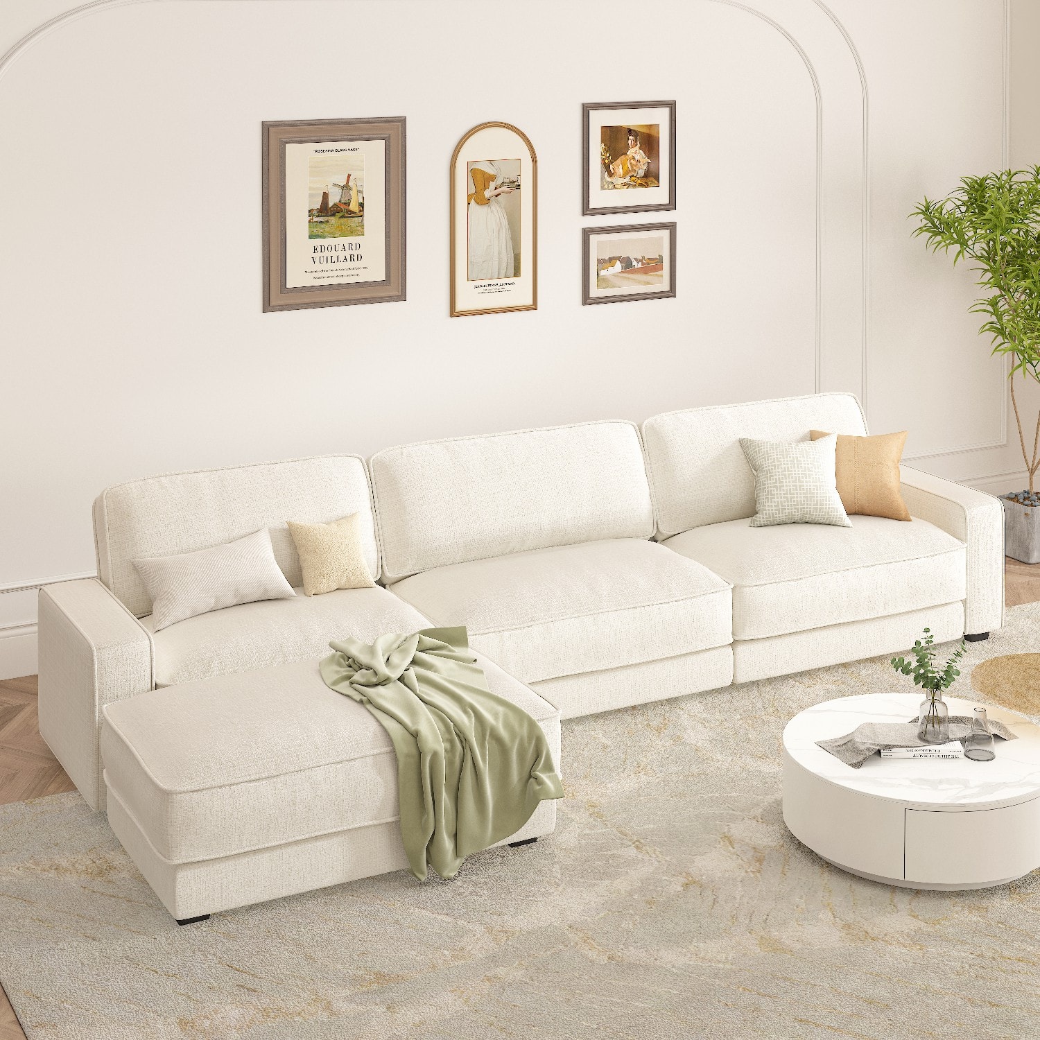 Dyonery - 119" L Shaped Couch Modular Sectional Sleeper Sofa, CHENILLE Fabric, , Tool-Free Assembly,Beige - Beige