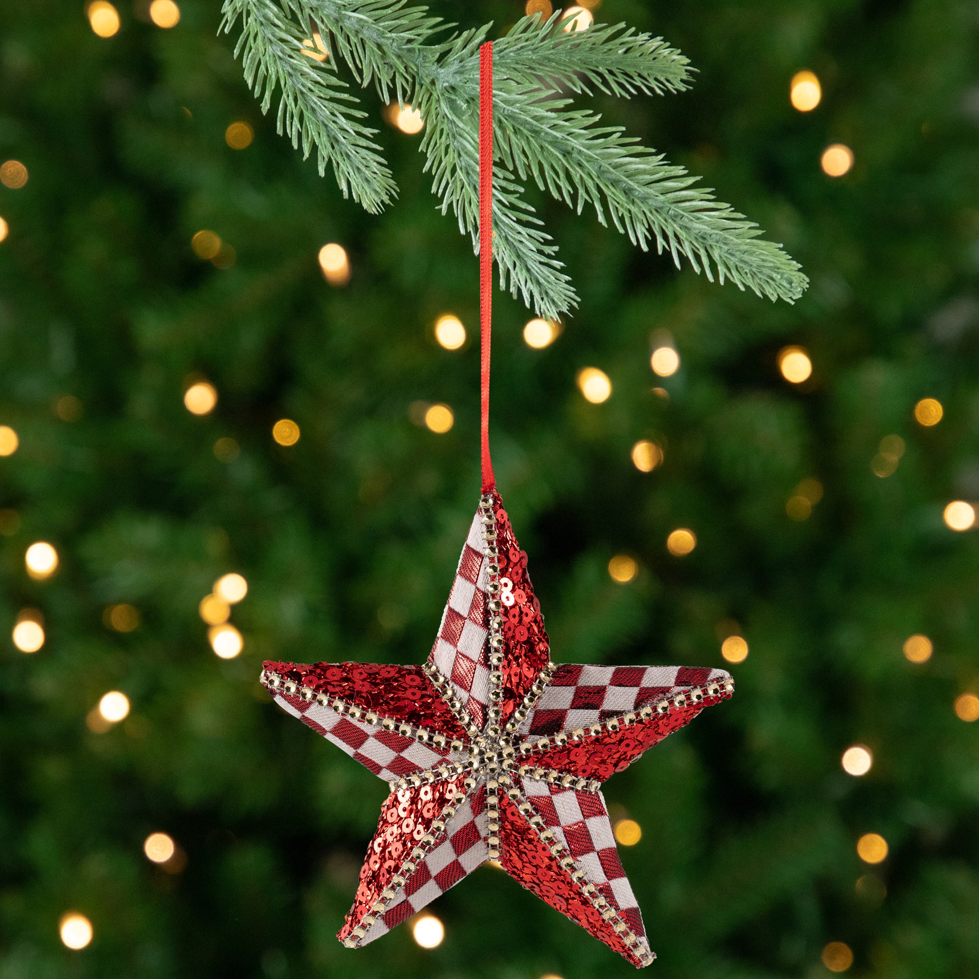 Northlight - Sequined and Checkered Star Christmas Ornament - 6" - and White - Red