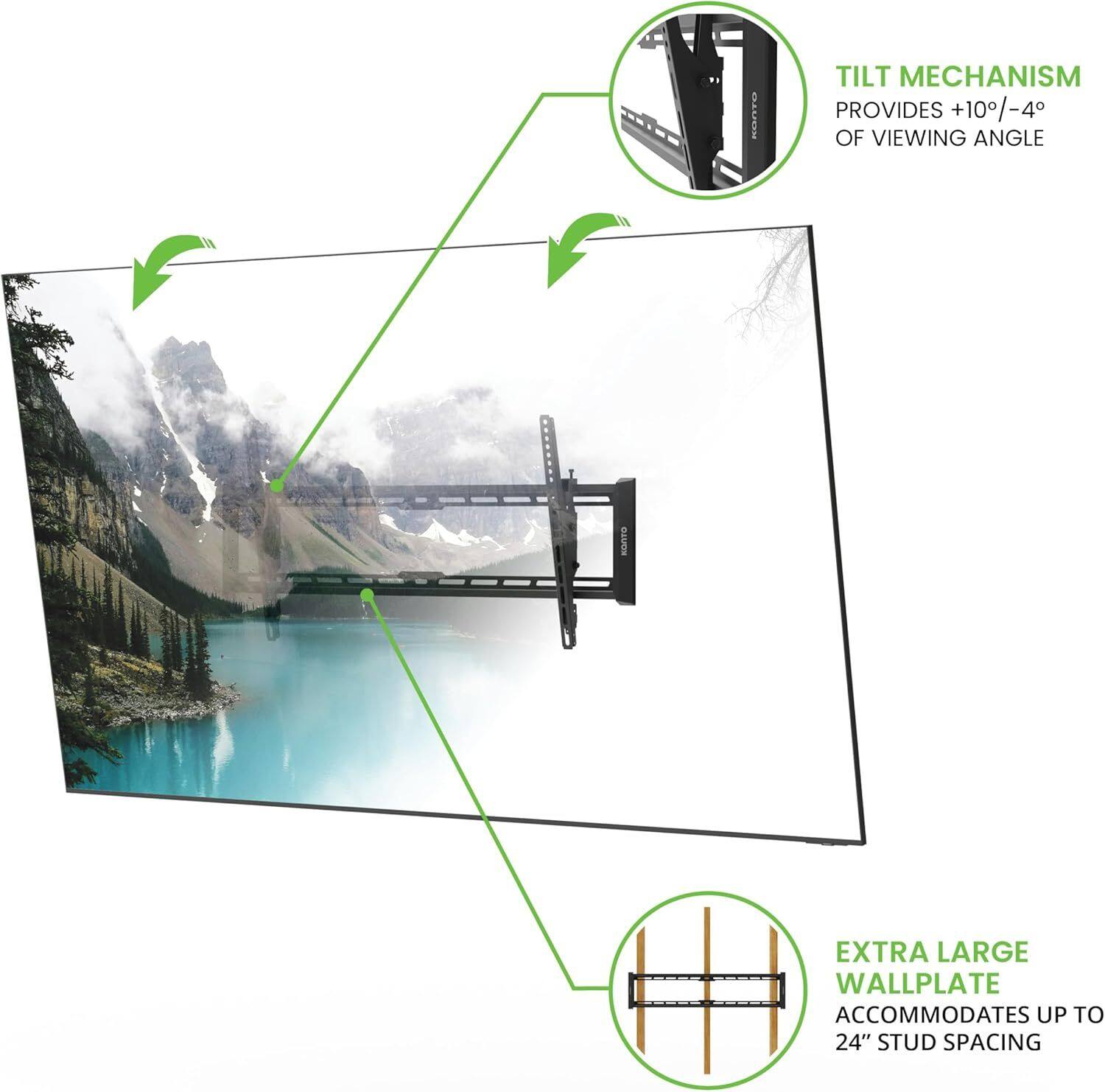The text on the image can be grouped and corrected as follows:

- **TILT MECHANISM**
  - PROVIDES +10°/-4° OF VIEWING ANGLE

- **EXTRA LARGE WALLPLATE**
  - ACCOMMODATES UP TO 24" STUD SPACING
