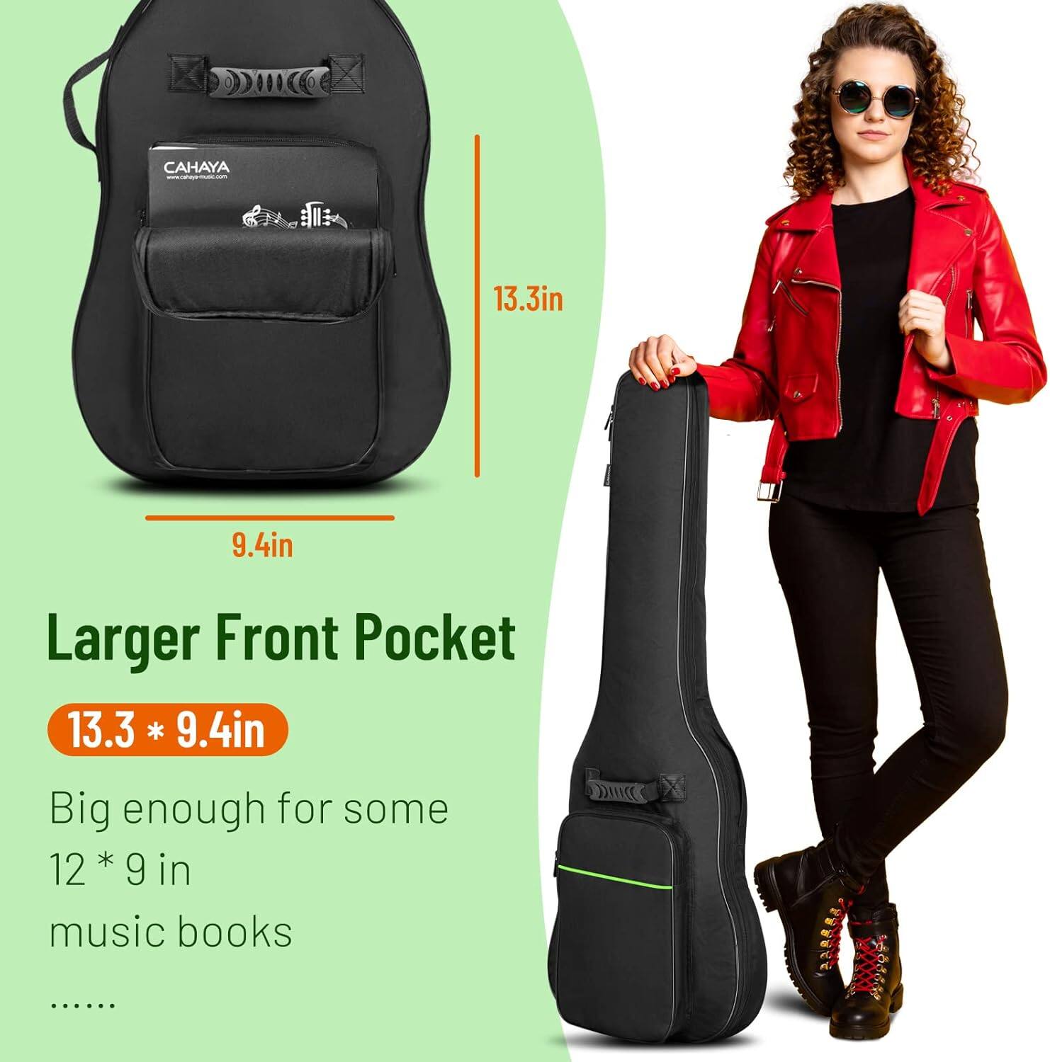 CAHAYA  
13.3in 9.4in Larger Front Pocket  
13.3 * 9.4in  
Big enough for some 12 * 9 in music books