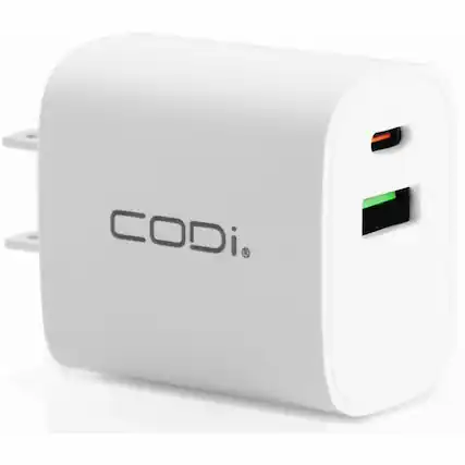 Front. CODi - CODi Dual Port 20W Wall Charger/AC Adapter (USB-C, USB-A Outputs) - 20W -USB Type-C - USB Type-A - Black.