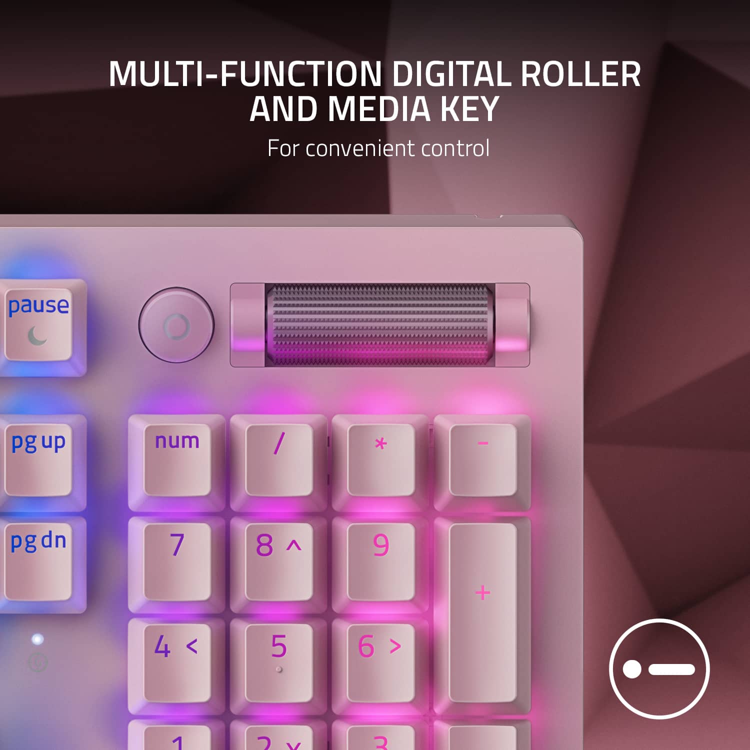 MULTI-FUNCTION DIGITAL ROLLER AND MEDIA KEY For convenient control pause pg up num / * - pg dn 7 8 9 + 4 < 5 6 > 1 V 2 A