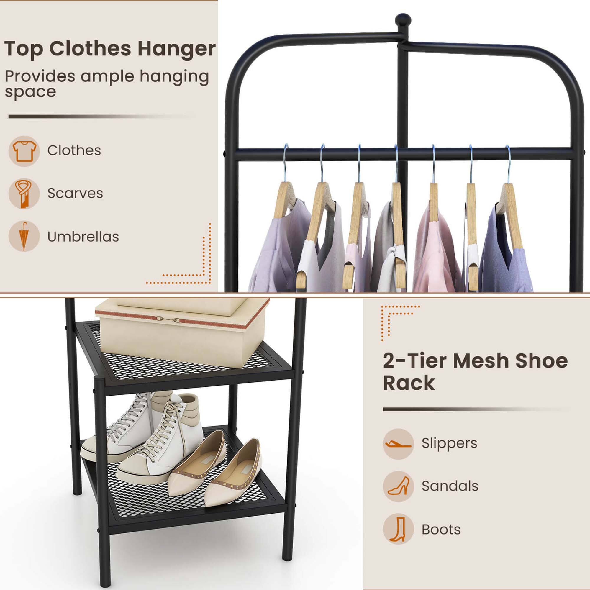 Top Clothes Hanger: Clothes, Scarves, Umbrellas
2-Tier Mesh Shoe Rack: Slippers, Sandals, Boots
