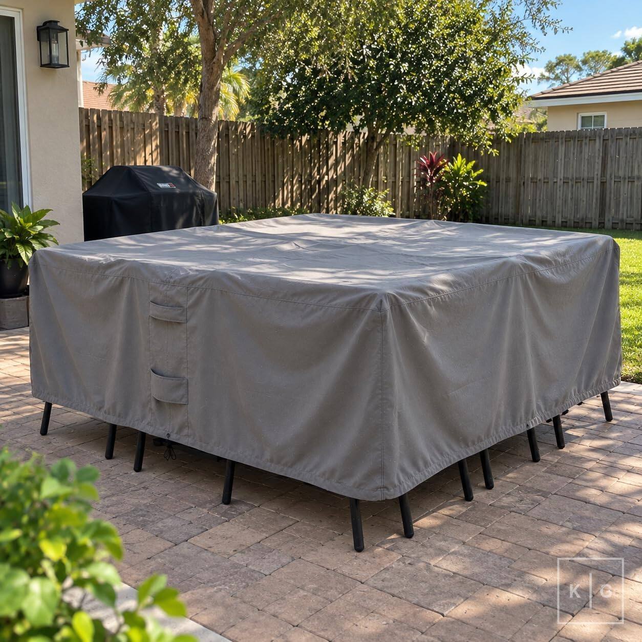 Angle. KHOMO GEAR - Patio Furniture Cover Waterproof, Rectangular Outdoor Table and Chair Set Cover, Fits 6-8 Chairs - 128"L x 82"W x 25"H - Gray.
