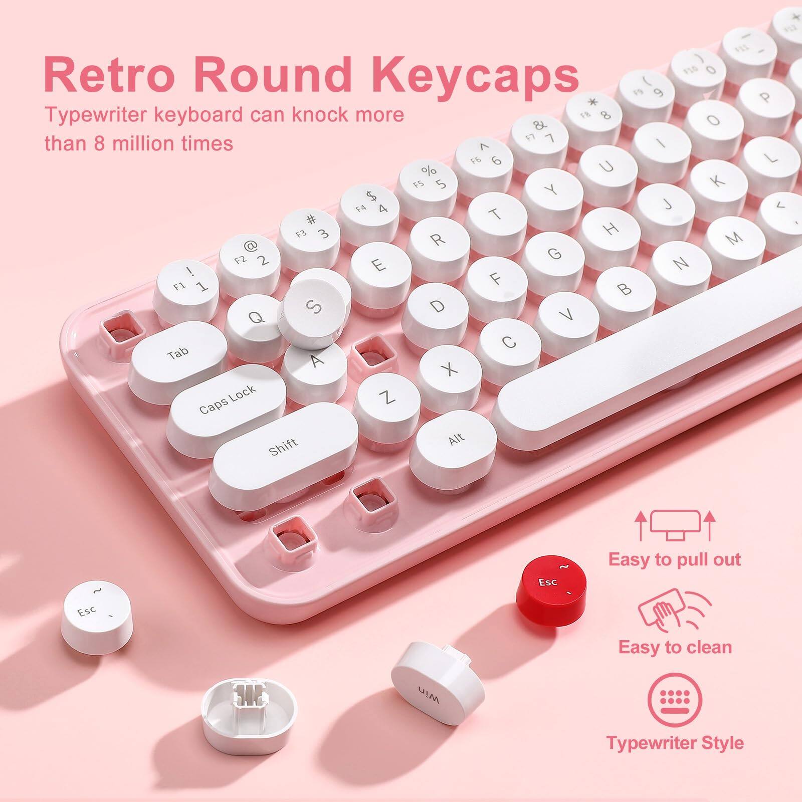 Retro Round Keycaps  
Typewriter keyboard can knock more than 8 million times  

Easy to pull out  
Easy to clean  
Typewriter Style