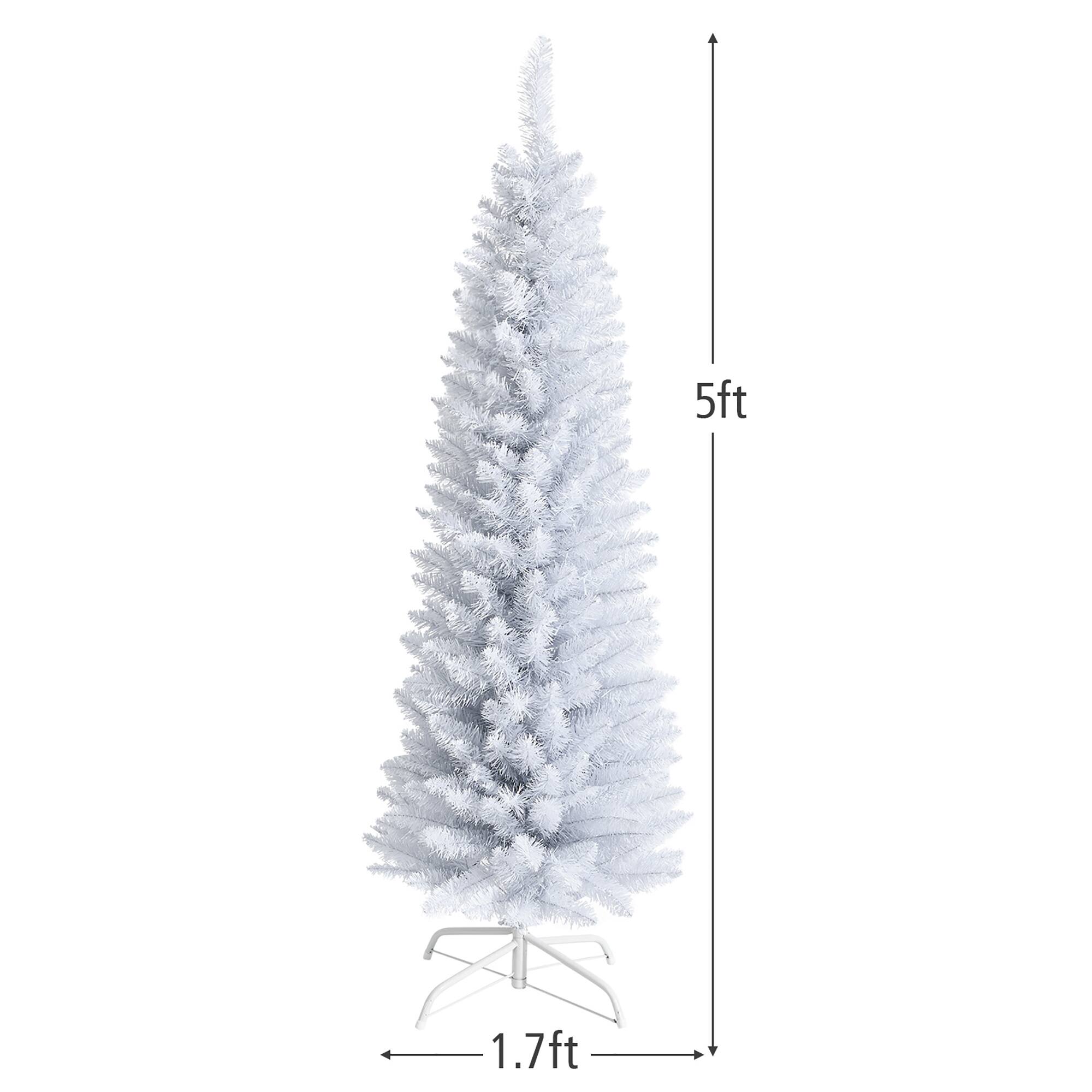 The image shows a white Christmas tree with a height of 5 feet. The tree is displayed in a white background, and it is placed on a stand. The tree is described as a "fake tree" and is likely used for decoration purposes during the holiday season.