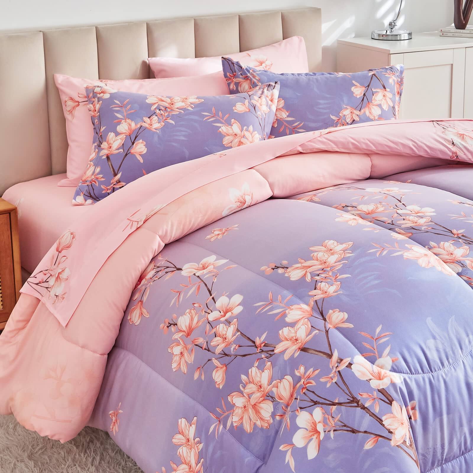 Left. Earthley Blooms - And Light Queen Comforter Set With Sheets Bed In A Bag 7pieces Branches Flowers Printing Design Ultra Soft - Blossom Stem-Queen-7 Pieces.