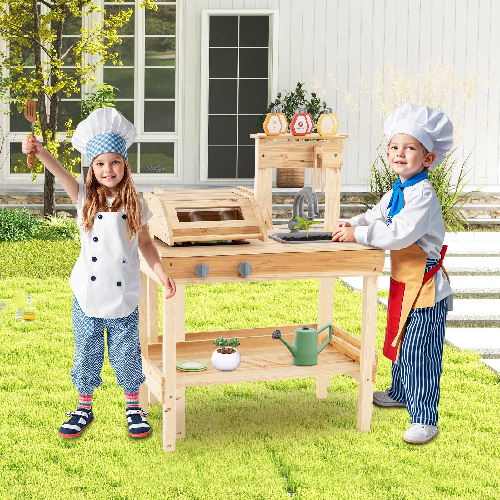 Alt View 1. Gymax - Gymax Wooden Barbecue Grill Playset w/ Play Food Grilling Tools & Accessories - Natural.
