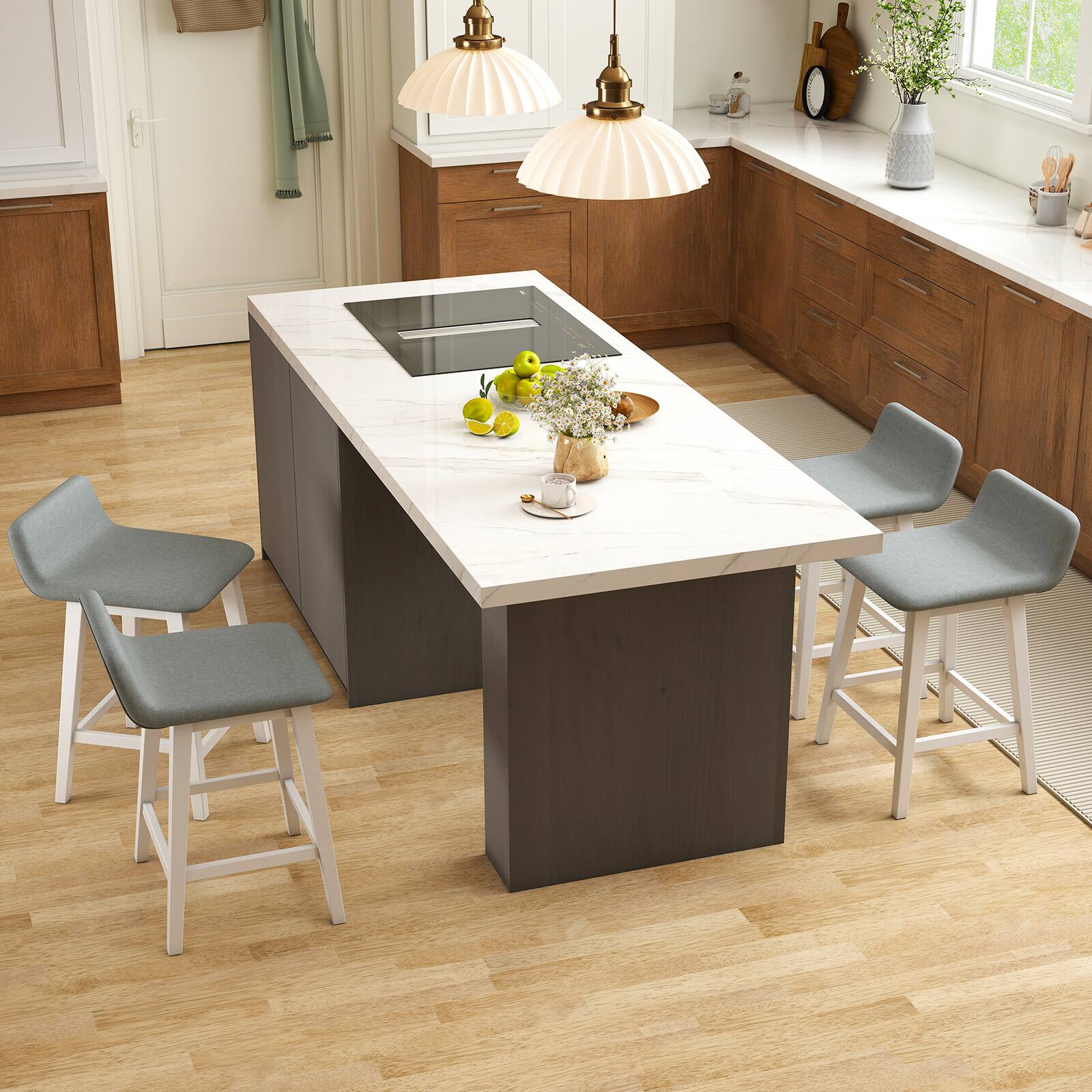 Alt View 1. Gymax - Gymax 2PCS 24'' Upholstered Barstools w/ Low Back Footrest Wood Legs for Kitchen Island - White, Gray.