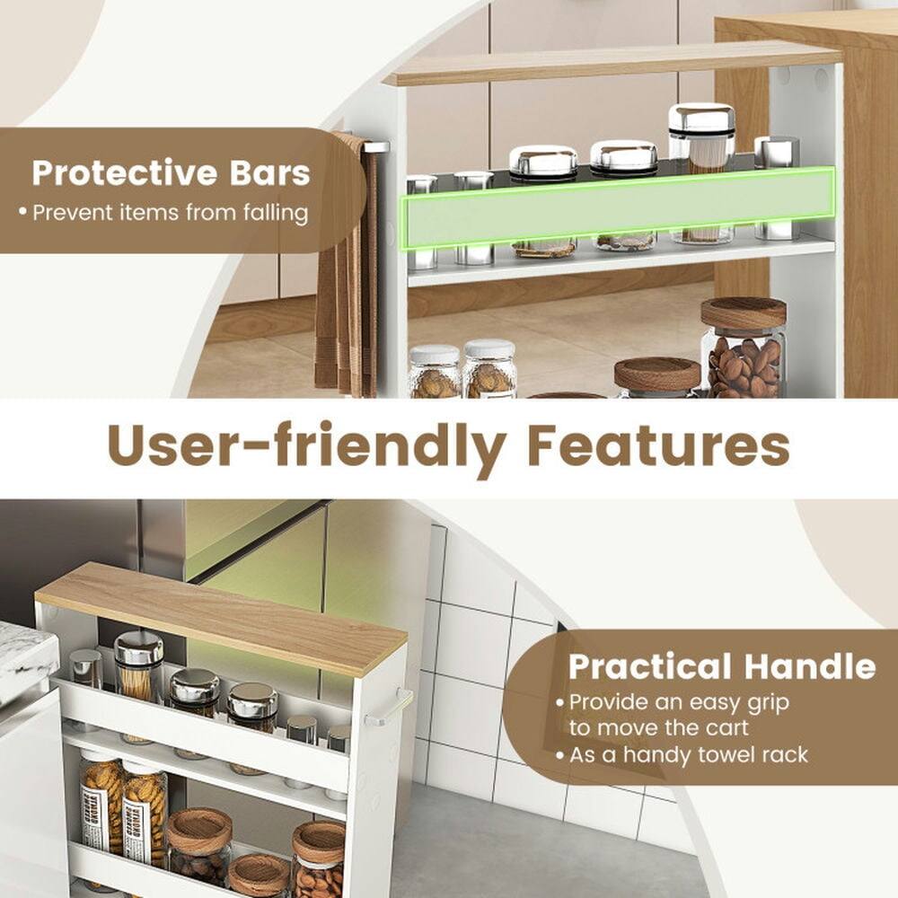 Protective Bars  
- Prevent items from falling  

User-friendly Features  

Practical Handle  
- Provide an easy grip to move the cart  
- As a handy towel rack