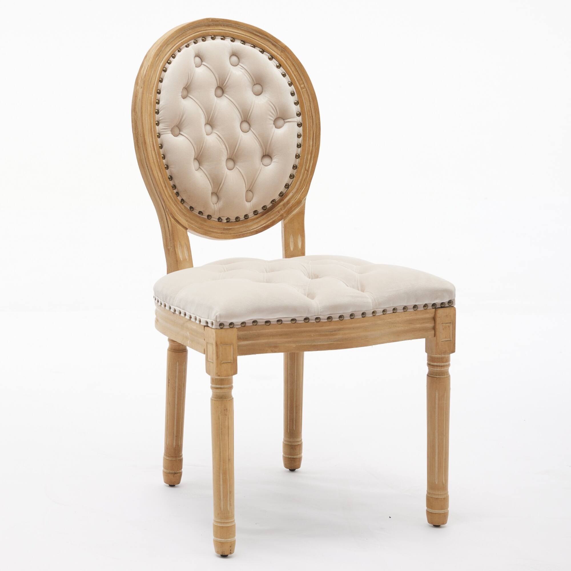 Left. GOODSILO - French Style Solid Wood Frame Antique Dining Chairs with Hand-Pulled Buckle Decoration and Nailhead Trim, Set of 2 - Beige.