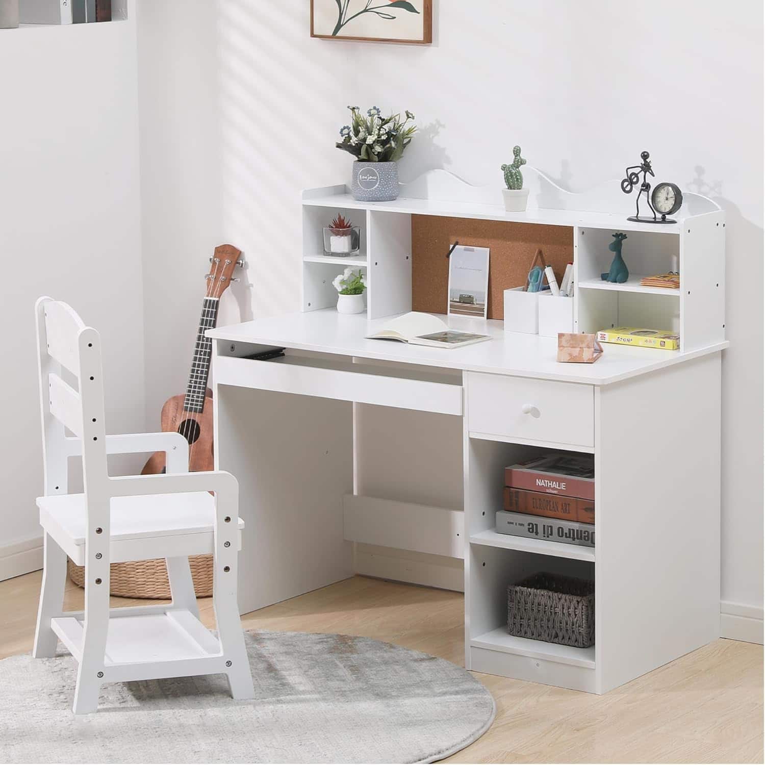 GARVEE - Study Desk and Chair Set,Learning Desk for Kids,Features Bulletin Board, Keyboard Drawer,Open Shelves and Storage Space - White