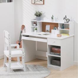GARVEE - Study Desk and Chair Set,Learning Desk for Kids,Features Bulletin Board, Keyboard Drawer,Open Shelves and Storage Space - White