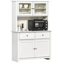 PULUZ - 63.5 inch Kitchen Buffet with Hutch, Pantry Storage Cabinet with 4 Shelves, Drawers, Framed Glass Doors, Open Microwave - Antique White