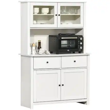 Front. PULUZ - 63.5 inch Kitchen Buffet with Hutch, Pantry Storage Cabinet with 4 Shelves, Drawers, Framed Glass Doors, Open Microwave - Antique White.