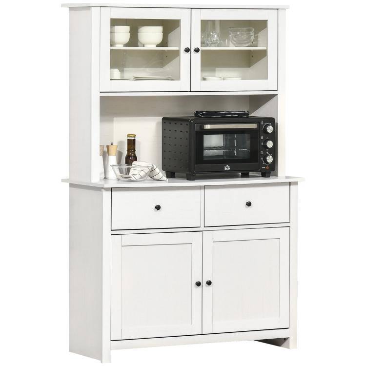 Front. PULUZ - 63.5 inch Kitchen Buffet with Hutch, Pantry Storage Cabinet with 4 Shelves, Drawers, Framed Glass Doors, Open Microwave - Antique White.