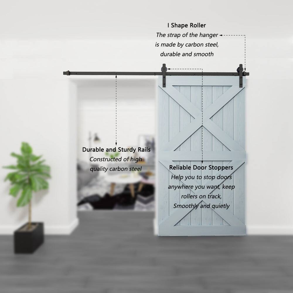 I Shape Roller  
The strap of the hanger is made by carbon steel, durable and smooth  

Durable and Sturdy Rails  
Constructed of high quality carbon steel  

Reliable Door Stoppers  
Help you to stop doors anywhere you want, keep rollers on track, Smoothly and quietly