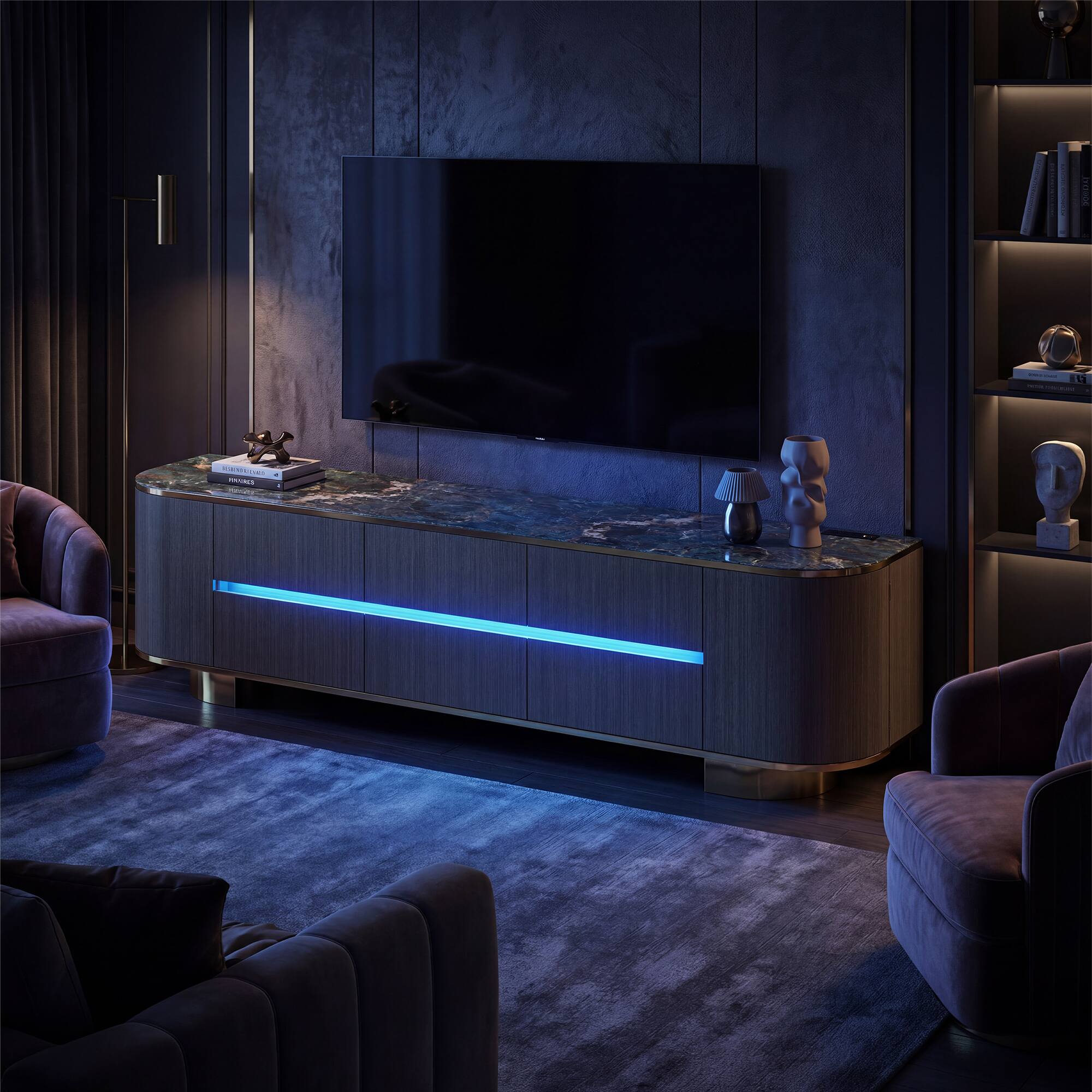 Left. Famapy - Luxury TV Stand with Smart LED Lights & Power Outlets, 82.7" Marble Top Media Console for Living Room - Dark Gray.