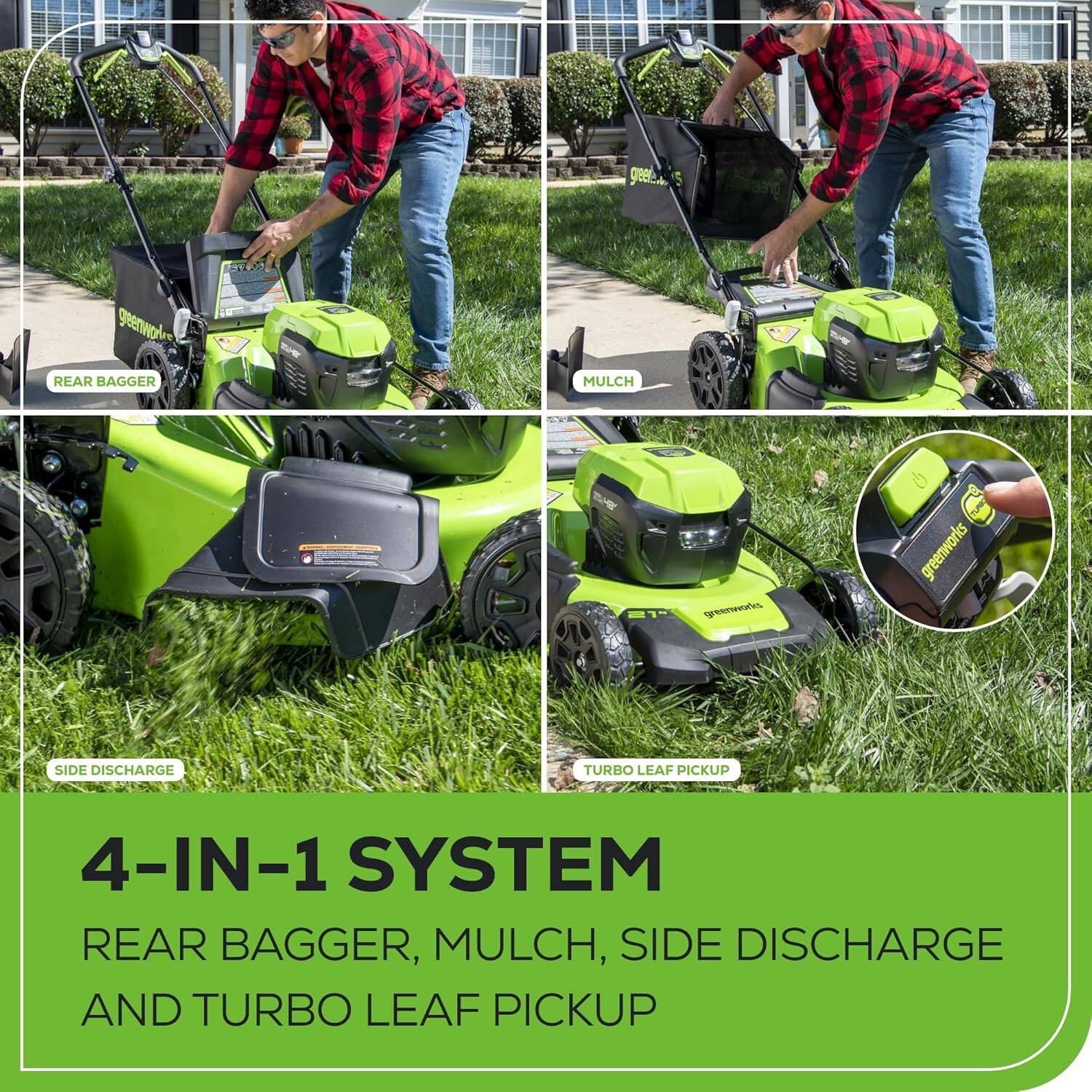 Greenworks Rear Bagger Mulch E1 Greenworks Side Discharge Turbo Leaf Pickup 4-In-1 System Rear Bagger, Mulch, Side Discharge and Turbo Leaf Pickup