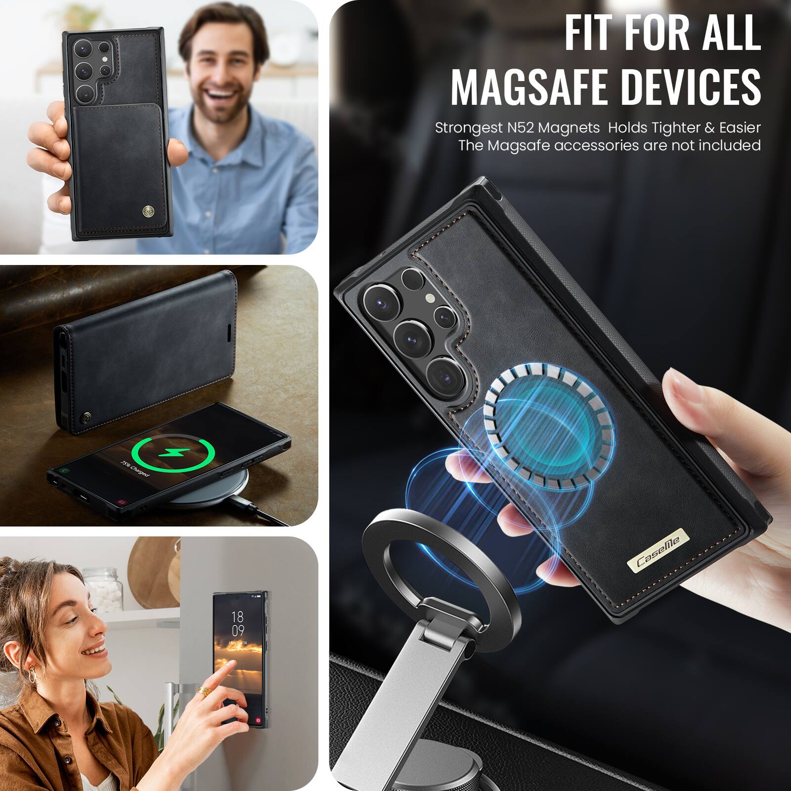 FIT FOR ALL MAGSAFE DEVICES  
Strongest N52 Magnets Holds Tighter & Easier  
The MagSafe accessories are not included  

Charged  
Caselile  
18 09