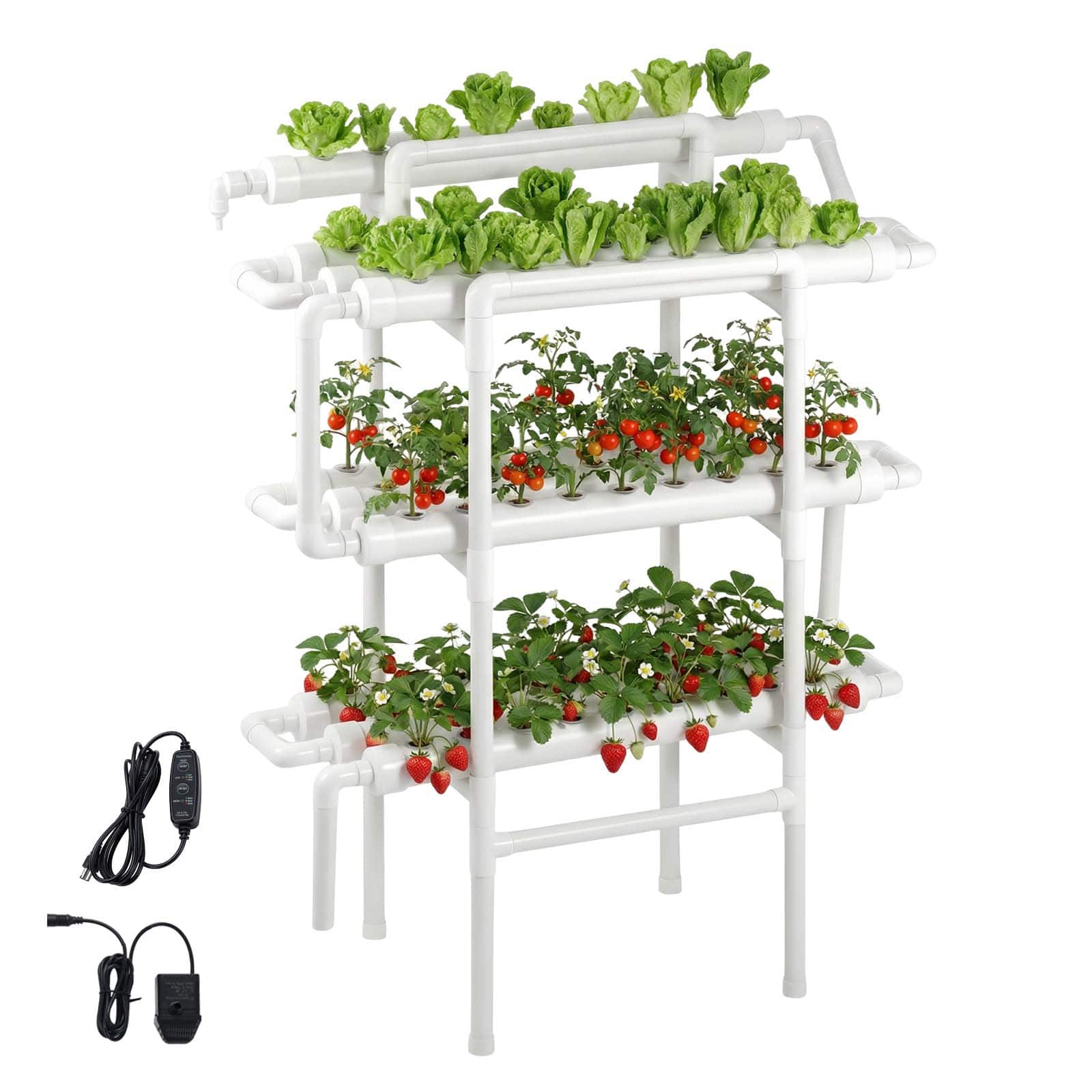 VEVOR - Hydroponics Growing System Kit, 3-Tier 90 Sites UPVC Pipe Hydroponic Grow Kit with Timed Irrigation - White
