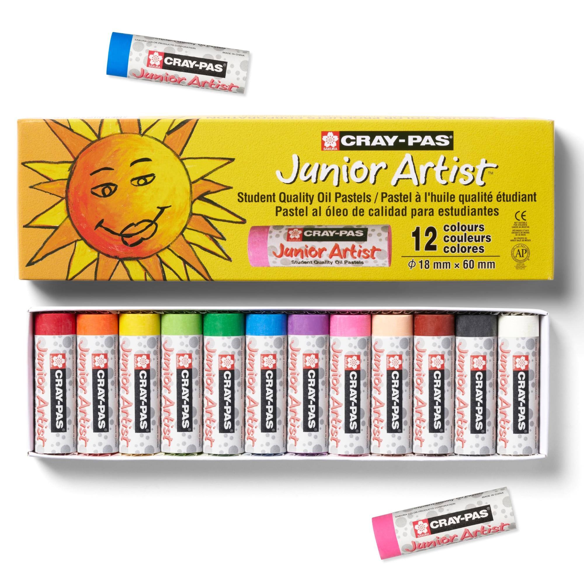 Cray-Pas Junior Artist  
Student Quality Oil Pastels / Pastel à l'huile qualité étudiant  
Pastel al oleo de calidad para estudiantes  
12 colours / 12 couleurs / colores  
Φ 18 mm x 60 mm