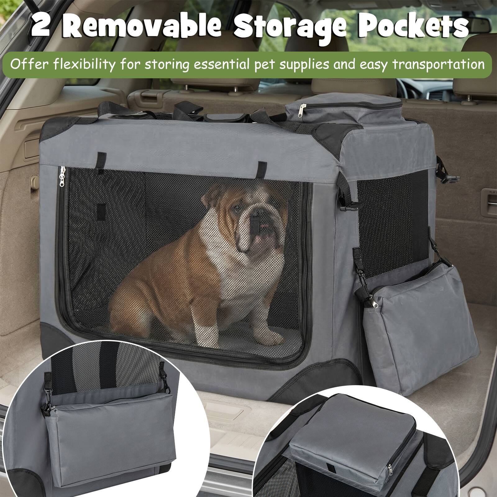 2 Removable Storage Pockets  
Offer flexibility for storing essential pet supplies and easy transportation