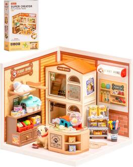 Robotime - Rolife Super Creator Furry Friends' Home DIY Miniature House Kit, Snap-Fit Plastic 3D Puzzle No Glue Needed - Brown