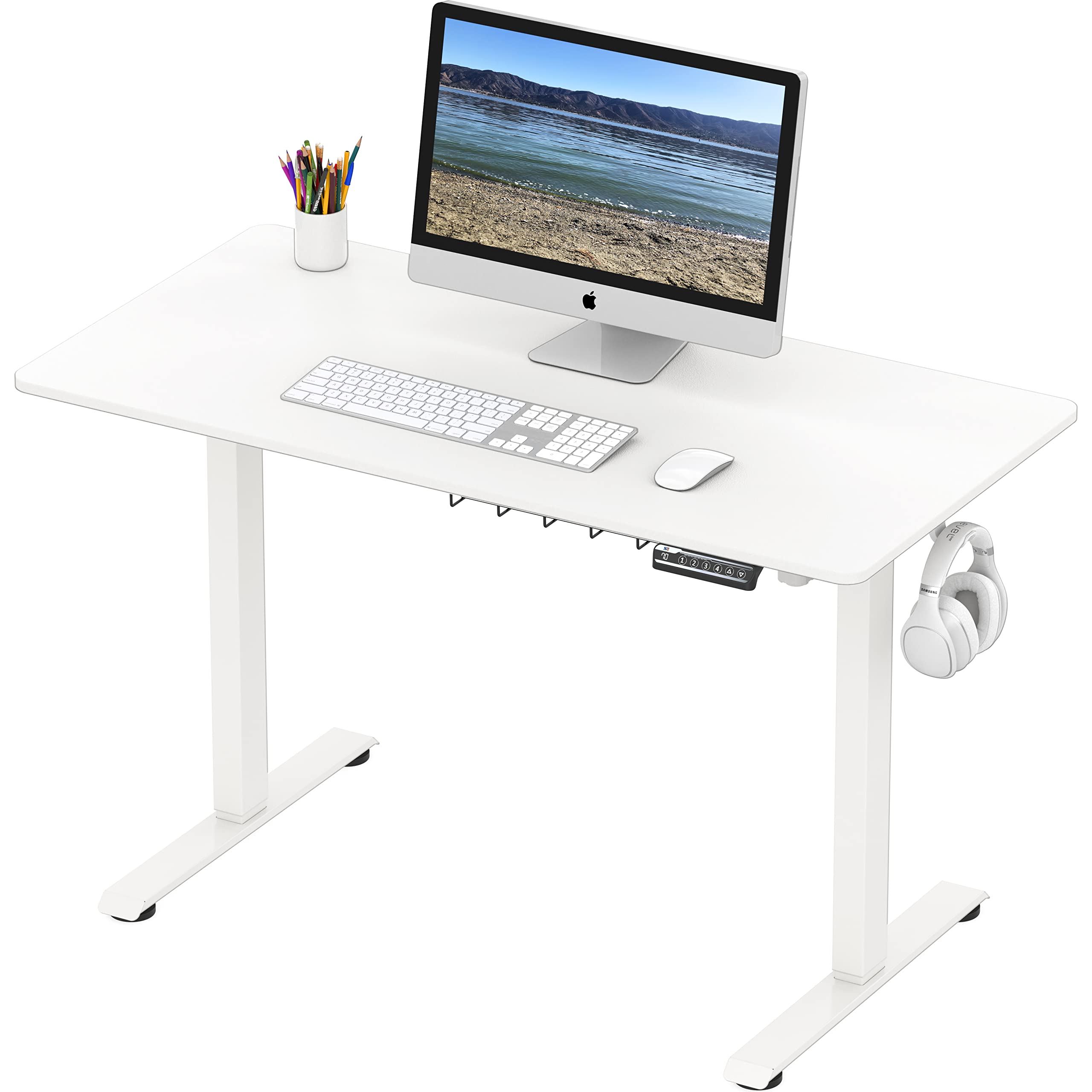 Alt View 3. Hirose Alice - SHW 48-Inch Electric Height Adjustable Sit to Stand Desk with Hanging Hooks and Cable Management Frame and Top - White 48-Inch.