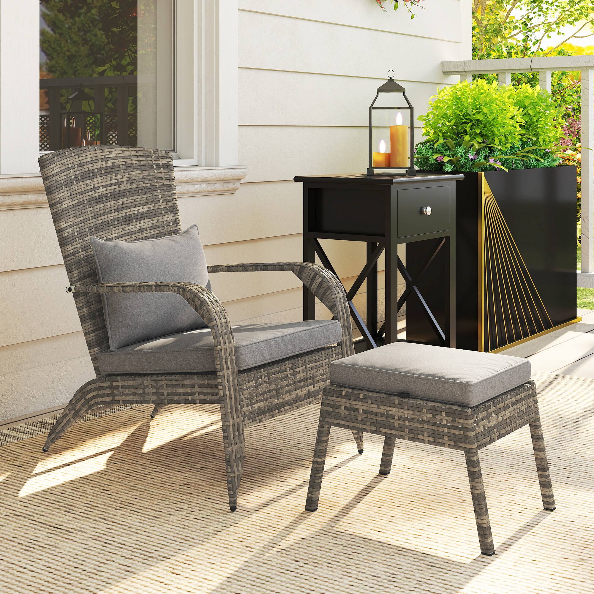 Alt View 8. Outsunny - Patio Wicker Adirondack Chair with Ottoman, Outdoor Fire Pit Chair with Cushions, High-Back, Large Seat & Armrests - Gray.