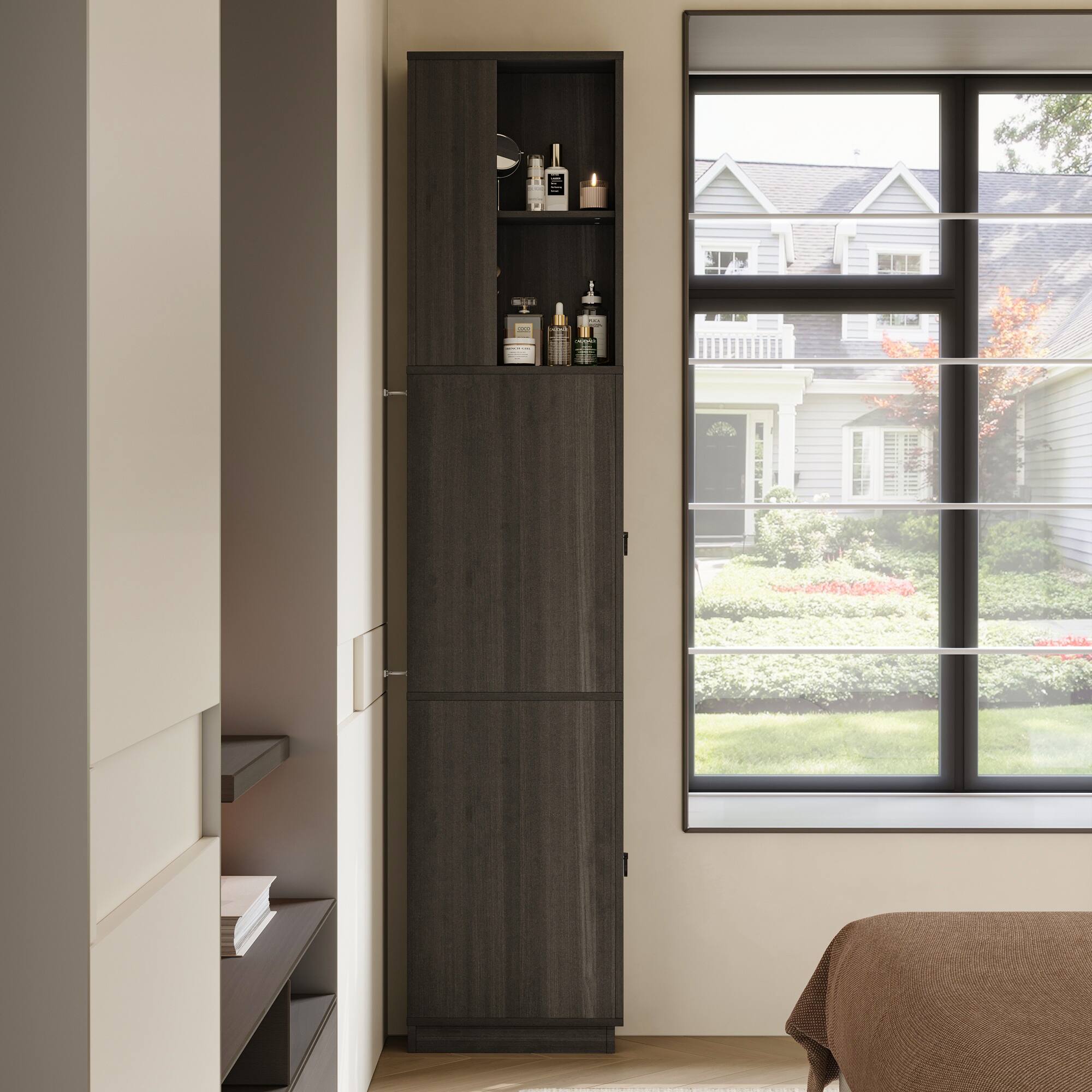 Alt View 1. Famapy - Slim Tall Storage Cabinet with Dark Gray Wood Grain, Narrow Floor Cabinet for Bathroom, Bedroom or Closet Organization - Black.