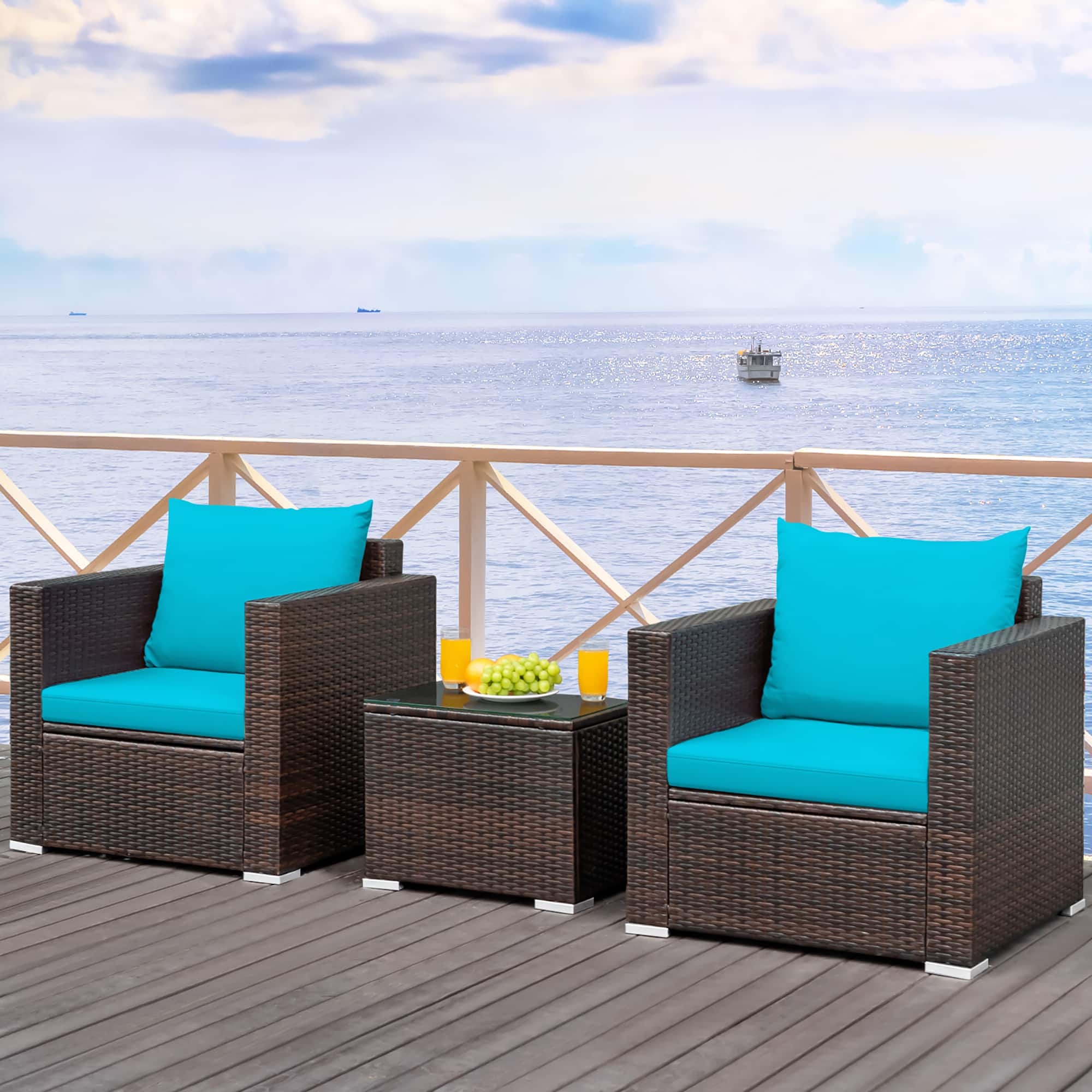 Costway - 3PCS Patio Rattan Furniture Set Conversation Sofa Cushioned - Turquoise