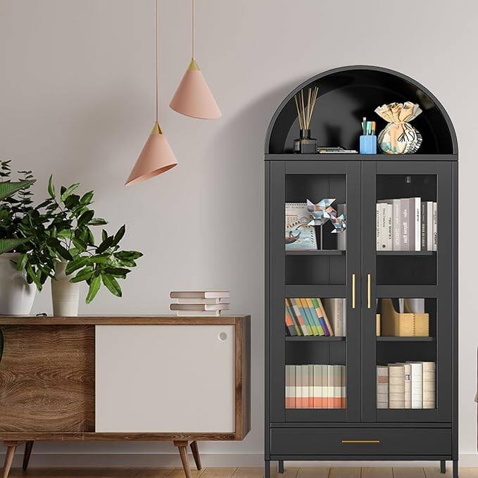 Alt View 3. Jojoka - 73" Metal Arched Cabinet, Modern Freestanding Display Bookshelf with Drawer & Adjustable Shelves - Black with Drawer.