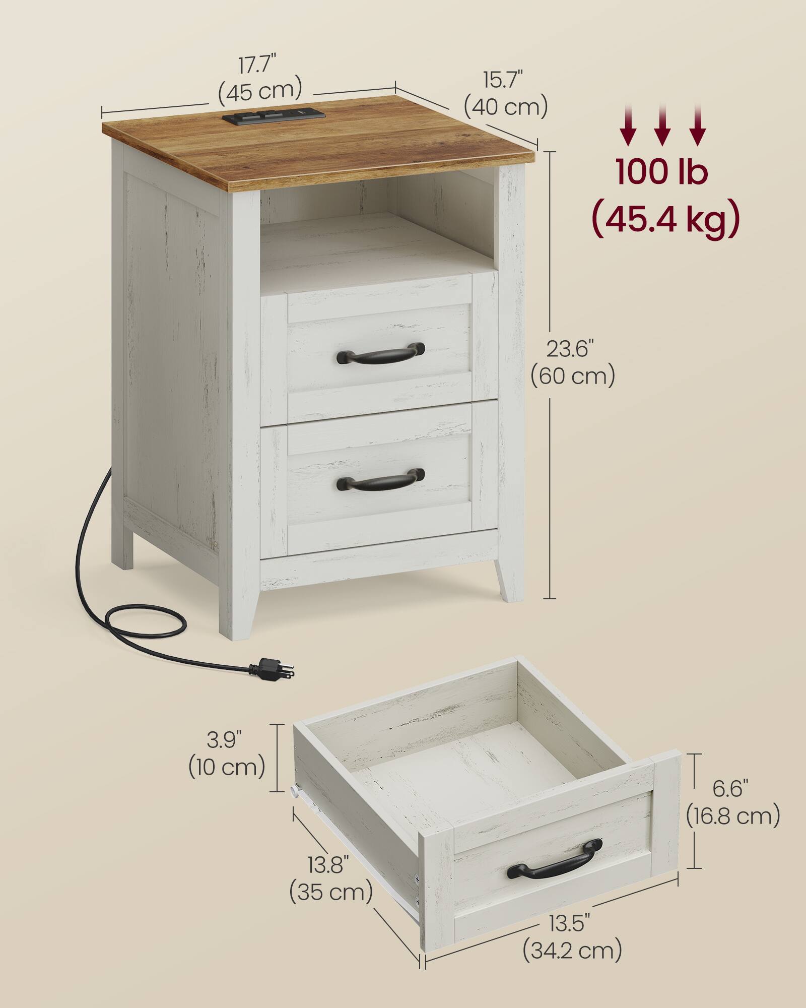 17.7" (45 cm)  
15.7" (40 cm)  
100 lb (45.4 kg)  
23.6" (60 cm)  
3.9" (10 cm)  
13.8" (35 cm)  
13.5" (34.2 cm)  
6.6" (16.8 cm)