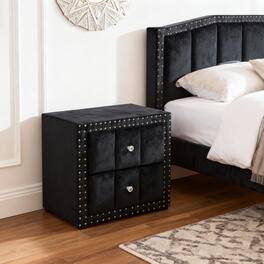 Parrot Uncle - Modern Velvet Fabric Nailhead Trim Nightstand Bedside Table with Drawer and Crystal-like Knobs - Black