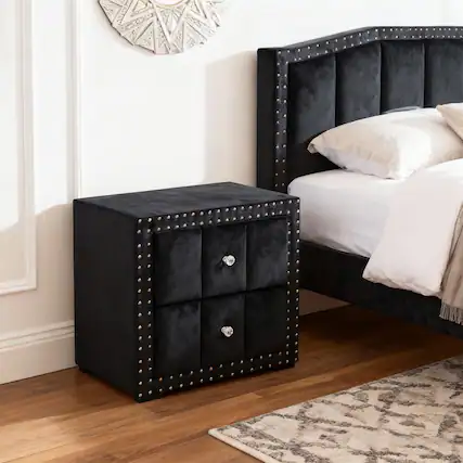 Front. Parrot Uncle - Modern Velvet Fabric Nailhead Trim Nightstand Bedside Table with Drawer and Crystal-like Knobs - Black.