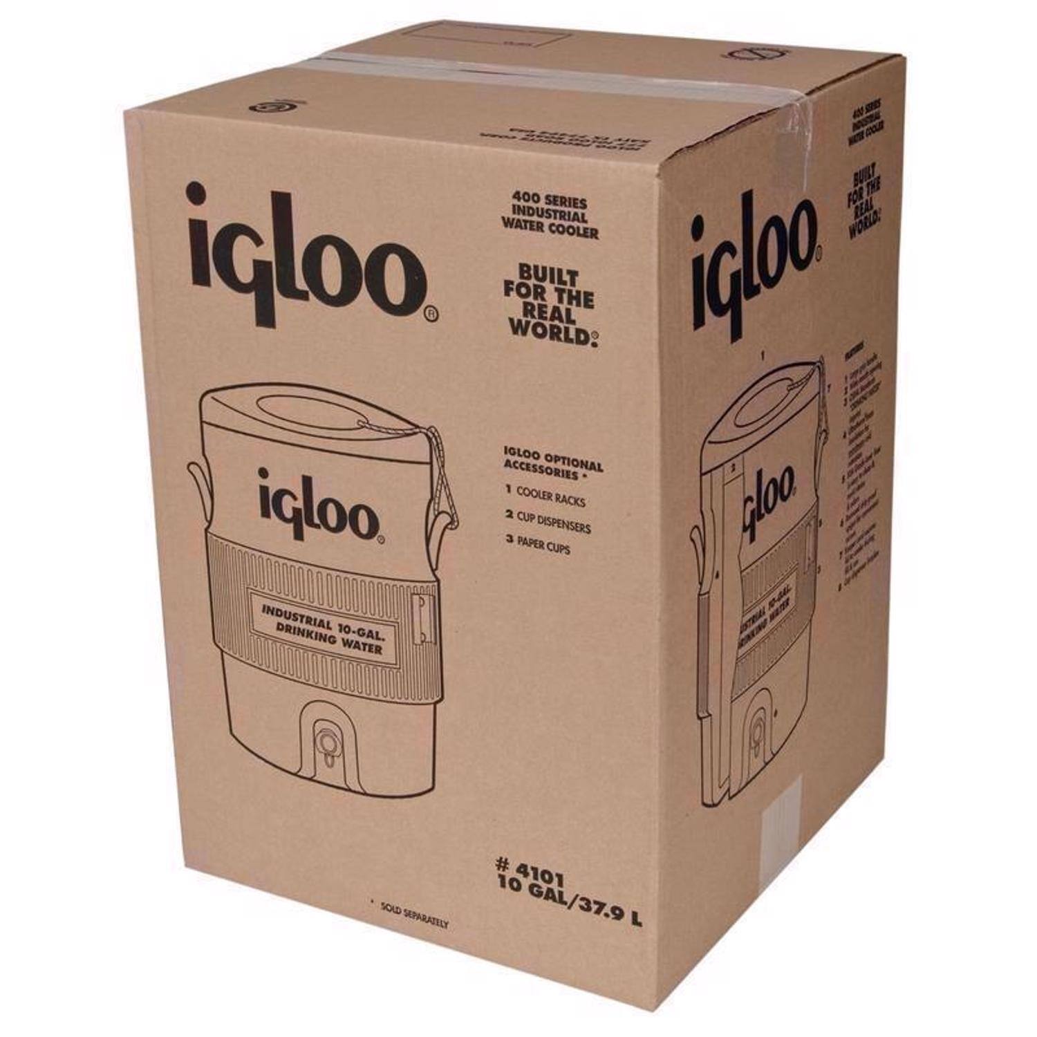 igloo 400 Series Industrial Water Cooler

BUILT FOR THE REAL WORLD

igloo Optional Accessories:
- 1 Cooler Rack
- 1 Paper Dispenser
- 3 Paper Cups

10-GAL / 37.9 L

# A4101