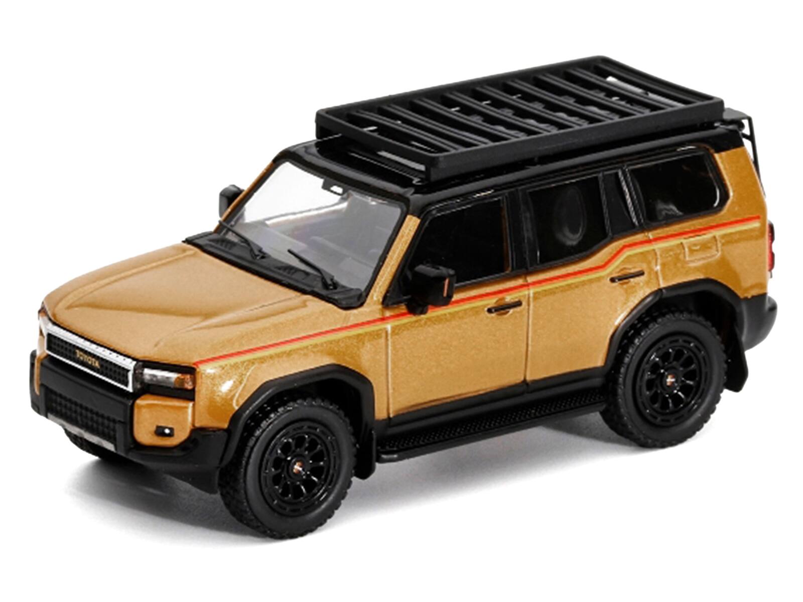 Alt View 3. GCD - 2024 Toyota Land Cruiser Prado Gold Metallic with Red Stripes and Roof Rack 1/64 Diecast Model Car by GCD.