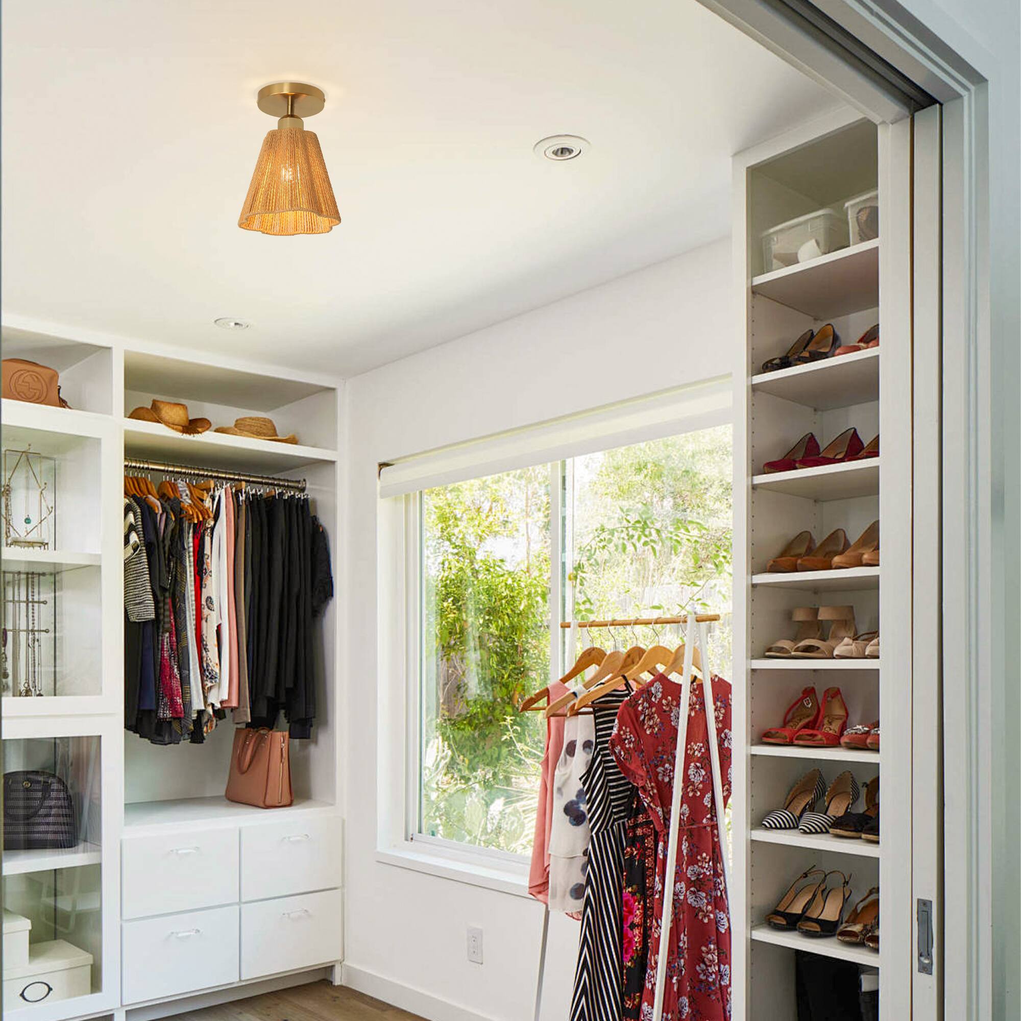 Left. Parrot Uncle - 7.3" Boho Copper Hemp Paper Rope Flush Mount Ceiling Light Fixture for Bedroom and Dining Room - Gold.