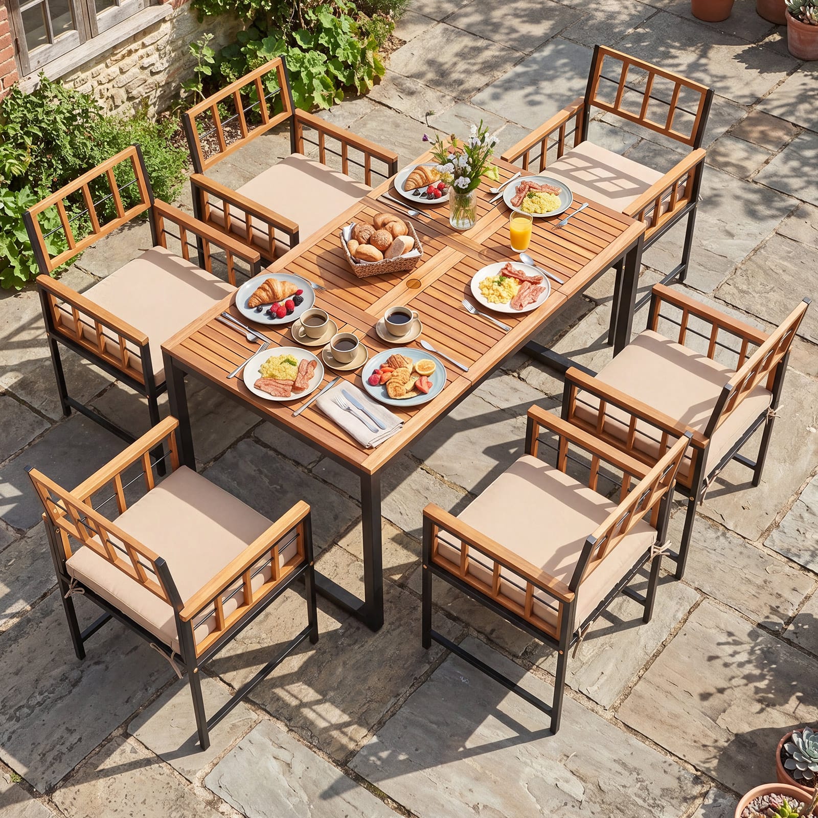 Costway - 7PCS Outdoor Dining Set, Acacia Wood Rectangular Table & Chairs Set with Cushions - Natural+Black+Beige price history on PriceWatchPro