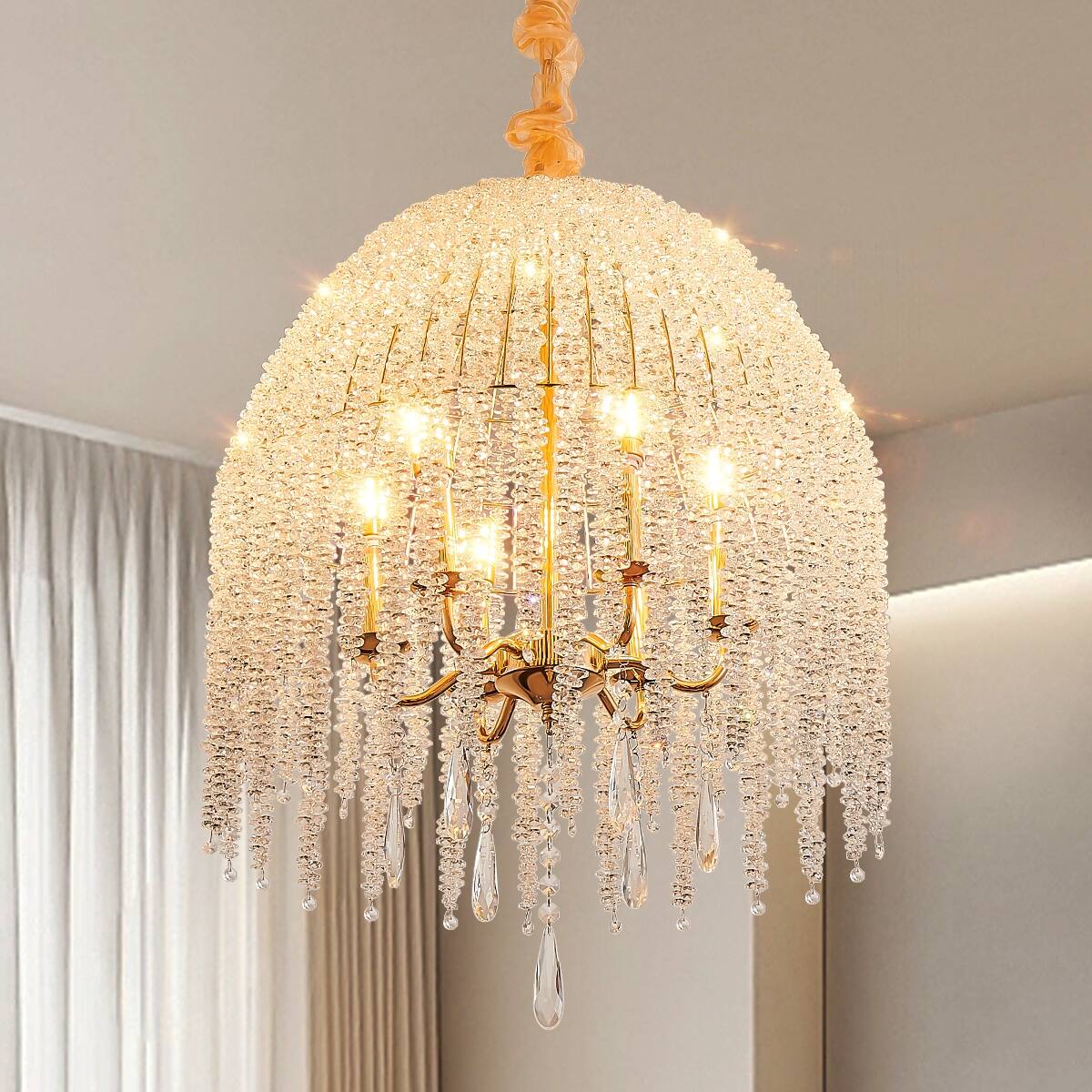 Back. Loheer - Loheer K9 Crystal Pendant Light, Gold Waterfall Chandelier with Six Lights, Twenty Inch.