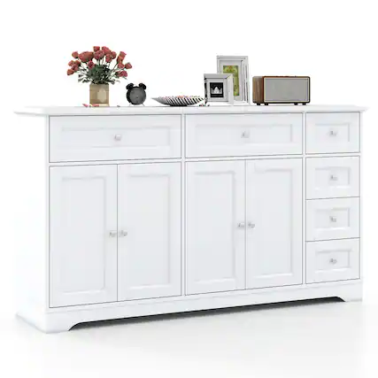 Front. Gymax - Gymax 59'' Large Storage Cabinet Buffet Sideboard w/ 4 Doors & 6 Drawers White - White.