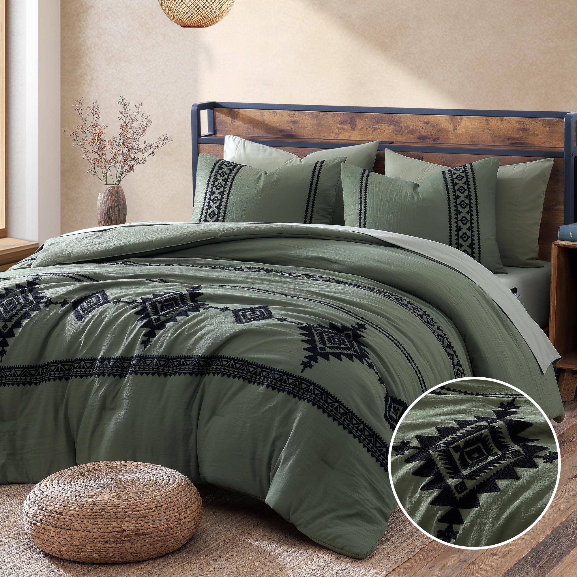 Front. Stylel Star - Burnt Orange Embroidery Comforters Set Queen Size - 7 Pieces Farmhouse Western Bedding All Season Bed In A Bag... - Dark Olive Green-King 7 Piece.