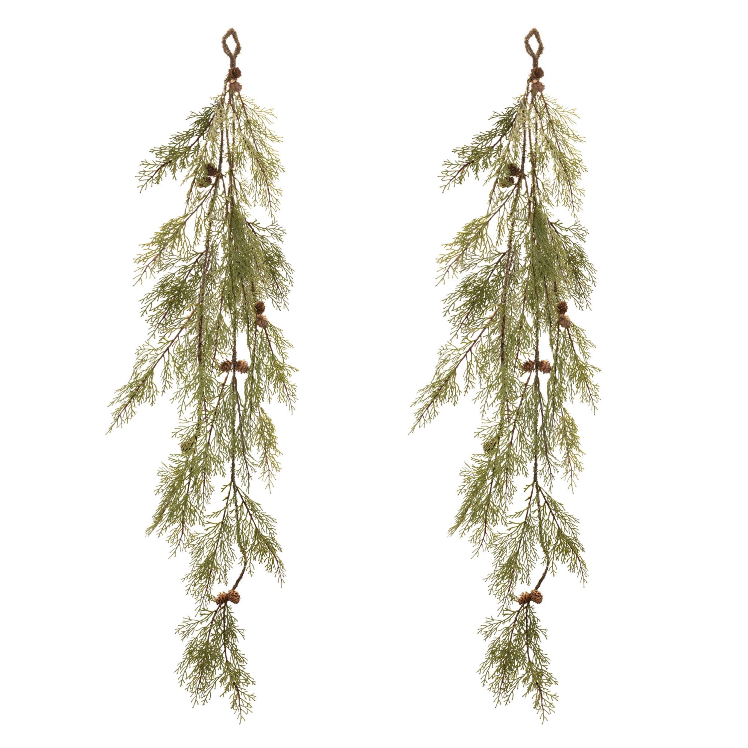 Left. BreeBe - Pine and Pinecone Garland (Set of 2) - Green, Brown.