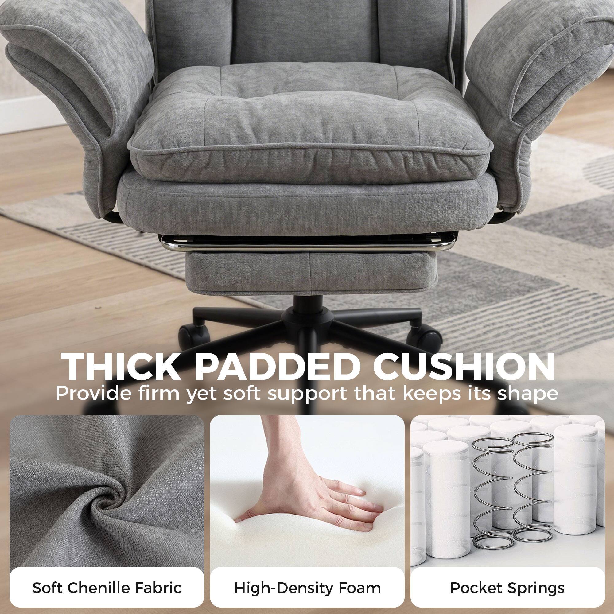 THICK PADDED CUSHION  
Provide firm yet soft support that keeps its shape

Soft Chenille Fabric  
High-Density Foam  
Pocket Springs