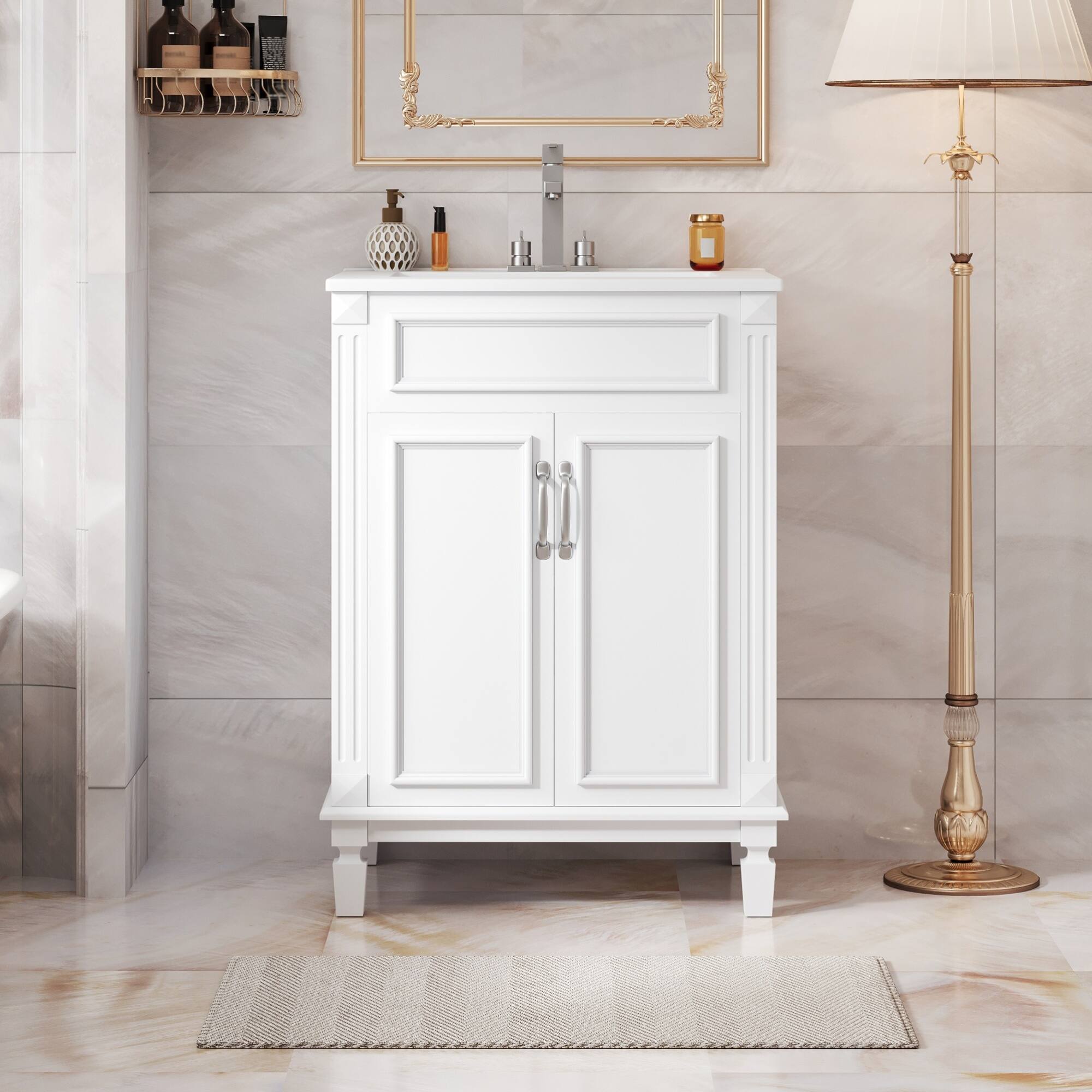 Back. ELEMENT ACE - Modern Bathroom Vanity with Ceramic Sink and Soft-Closing Doors, Solid Wood Frame Storage Cabinet - White.