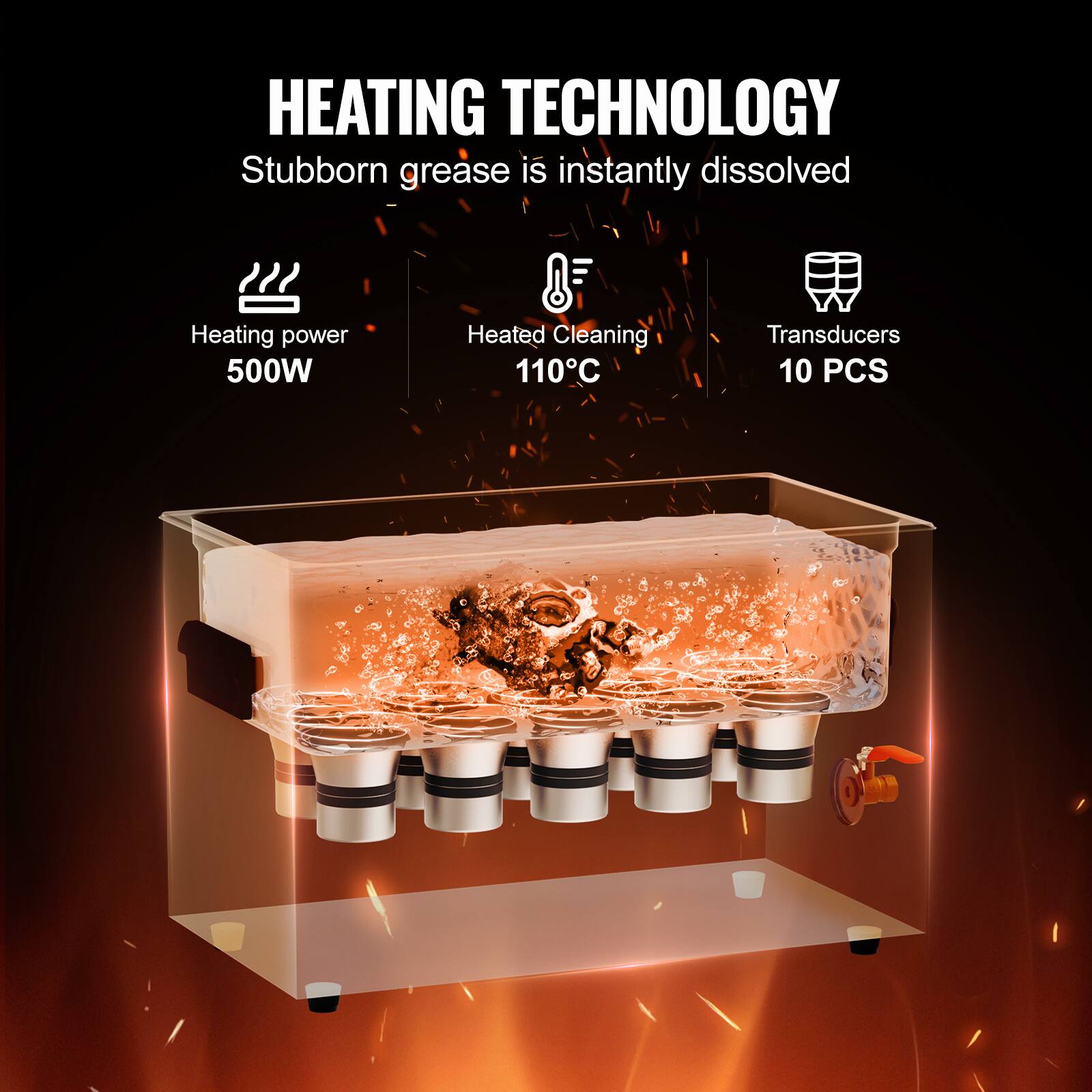 HEATING TECHNOLOGY
Stubborn grease is instantly dissolved
Heating power 500W
Heated Cleaning 110°C
Transducers 10 PCS